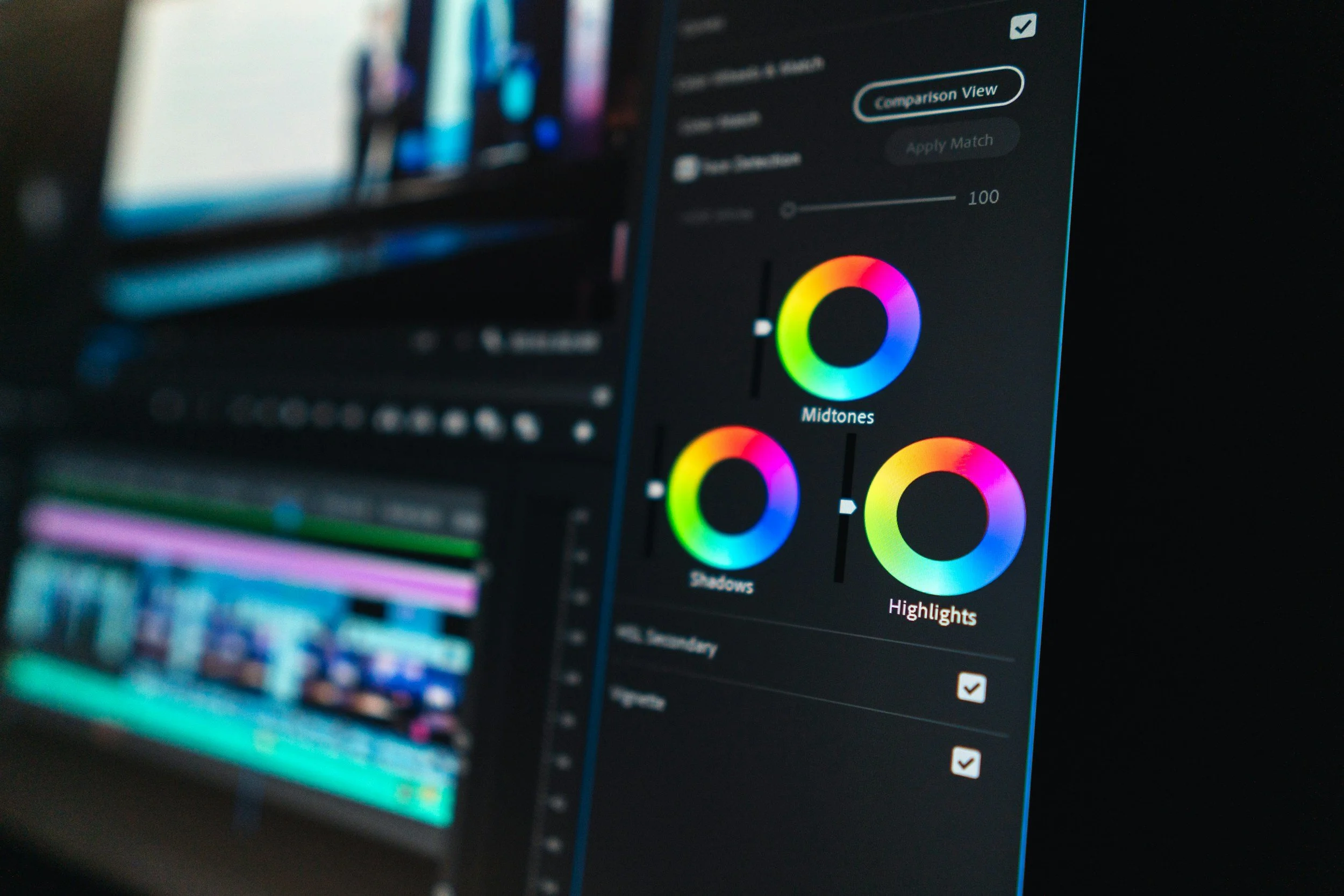 A computer screen displaying a video editing software with color wheels labeled Midtones, Shadows, and Highlights.