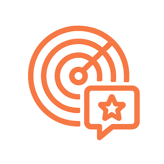 Radar with a star inside a speech bubble in orange outline