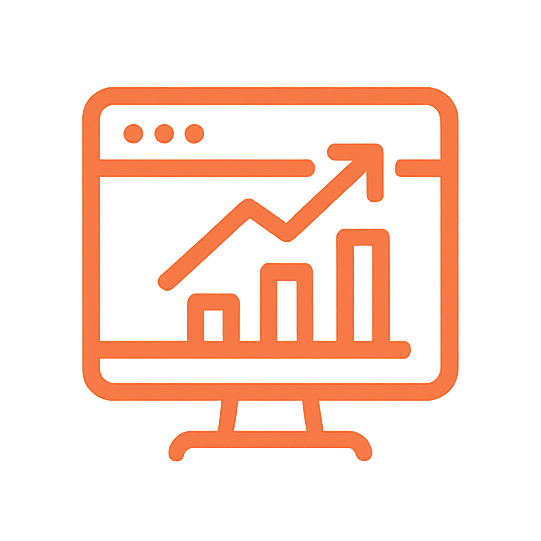 Icon of a computer monitor displaying a rising bar chart and an upward trending line graph.