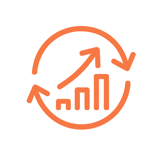 Stylized orange icon of a bar chart with an upward trending arrow inside a circle.