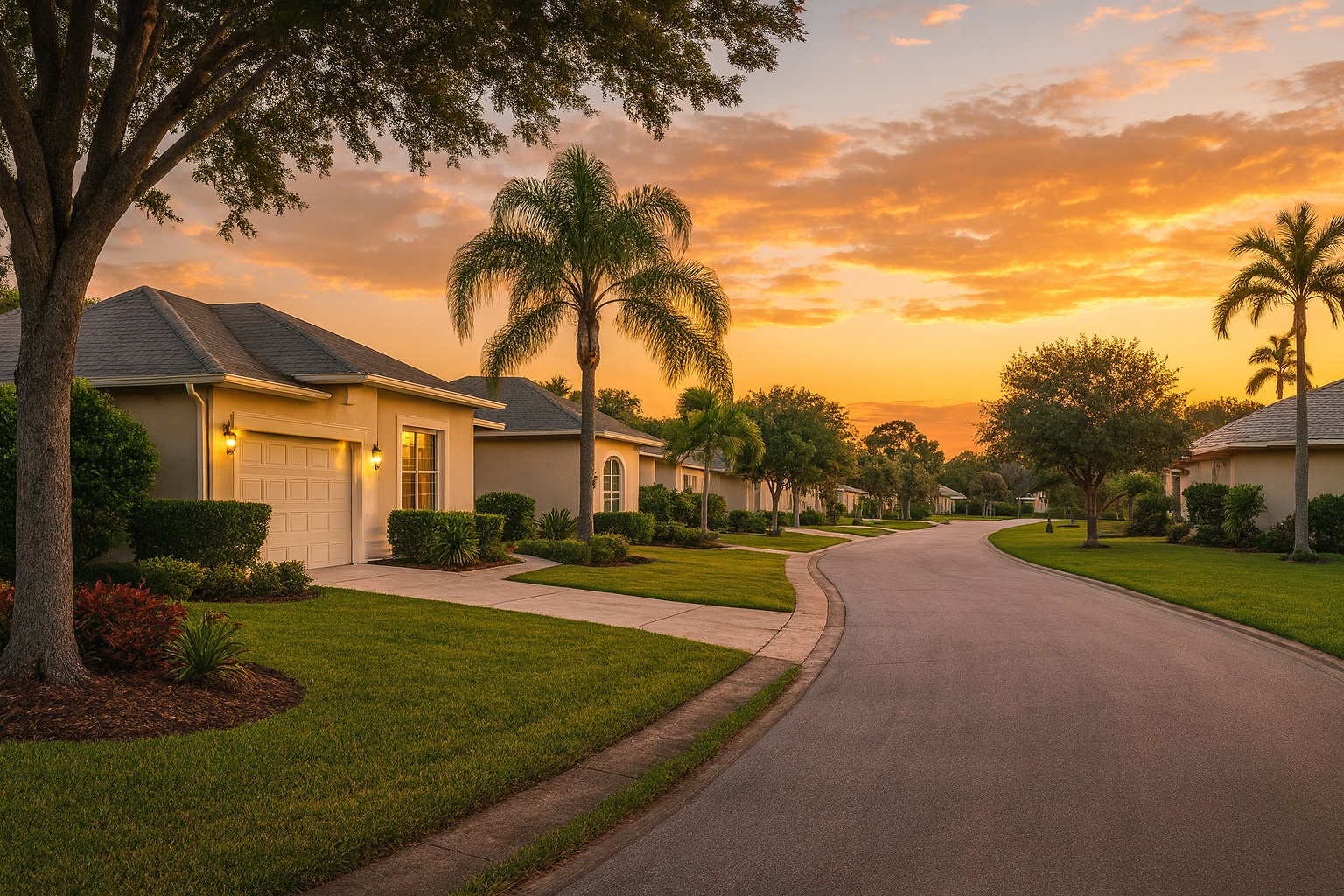 A peaceful suburban neighborhood during sunset with lined houses, palm trees, green lawns, and a curving street.