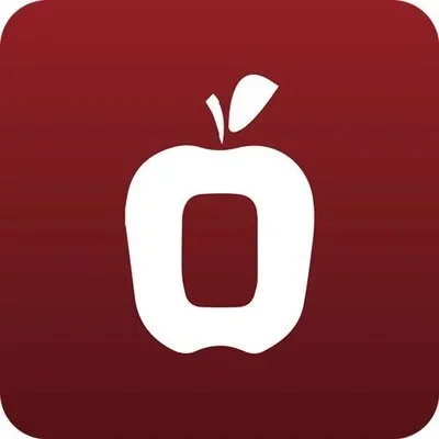 A white apple logo with a bite taken out of it on a red background.