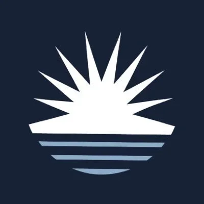 A white stylized sunburst with vertical rays above a semi-circular striped base on a dark background.