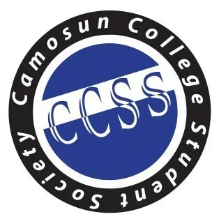 The logo of the City of Camasum College Student Society featuring a circular design with a black outer ring, the words 'Camasum College Student Society,' and a blue and white emblem with stylized letters.