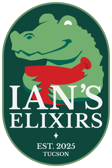 Logo featuring a smiling alligator with a red mortar and pestle in its arms, and the text "IANS ELIXIRS EST. 2025 TUCSON".