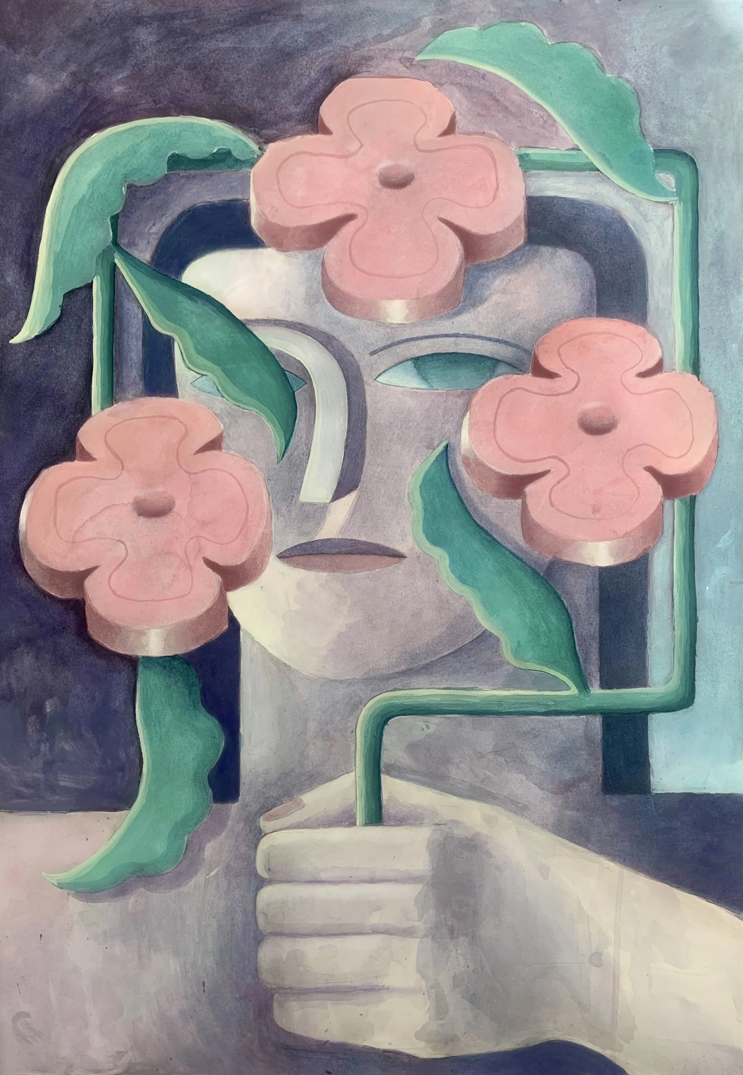 Abstract painting of a hand holding a large spatula with three pink flowers and green leaves, with a dark background.