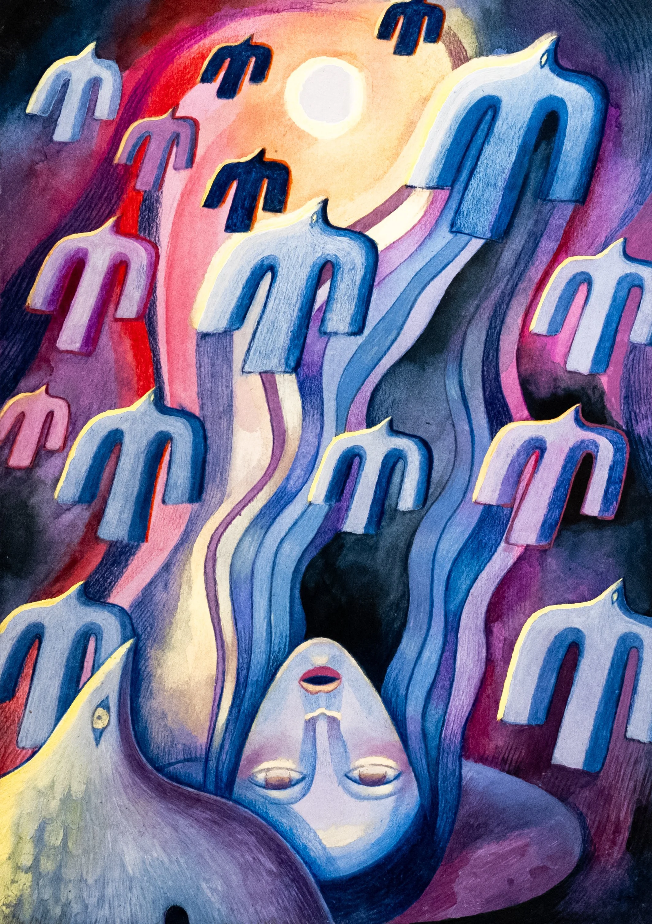 Abstract painting of a upside-down face with closed eyes, surrounded by multiple floating t-shirt shapes in blue, pink, purple, and white hues, with a glowing sun or moon in the background.