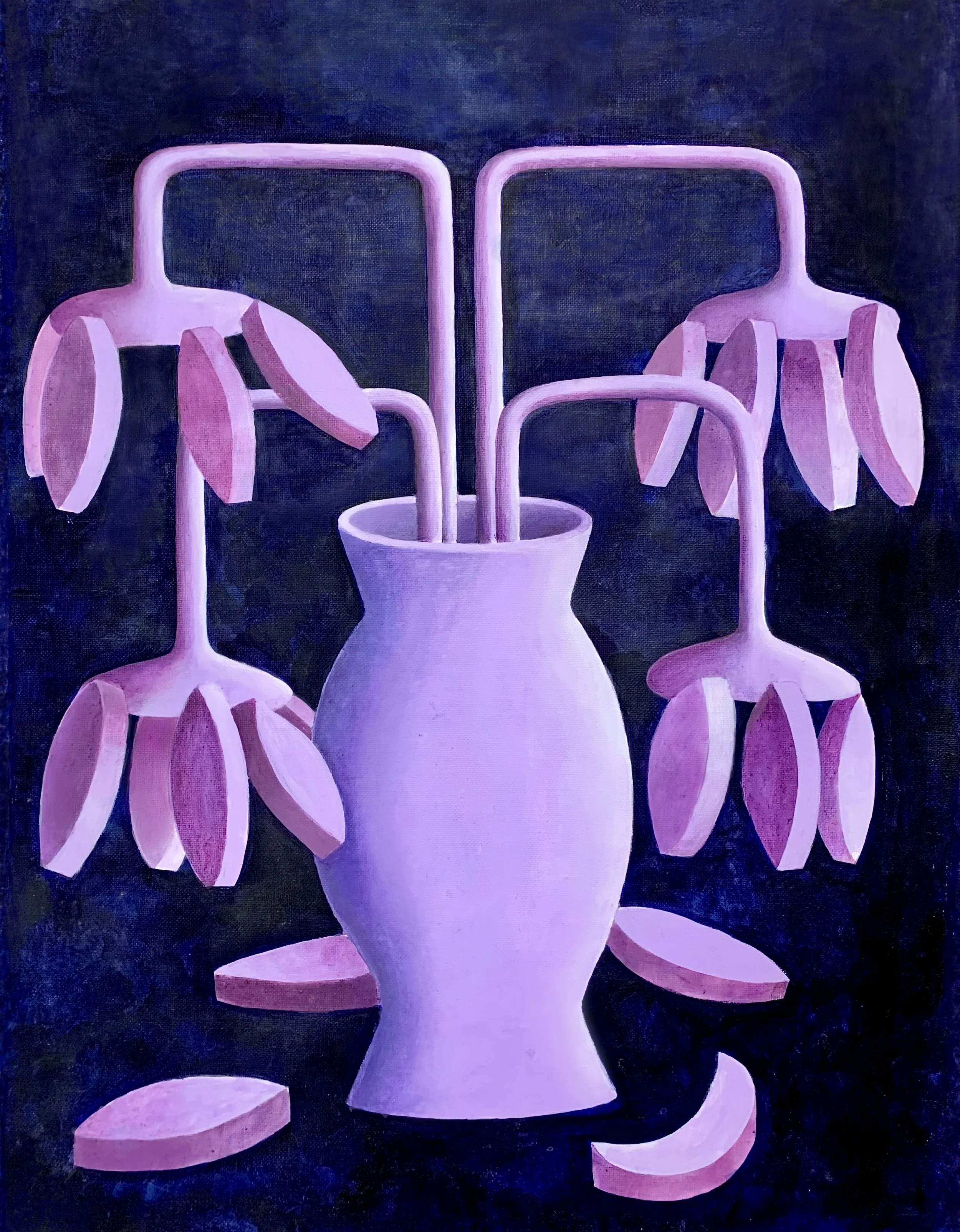 A painting of a white vase with pink flowers and leaves, against a dark background.