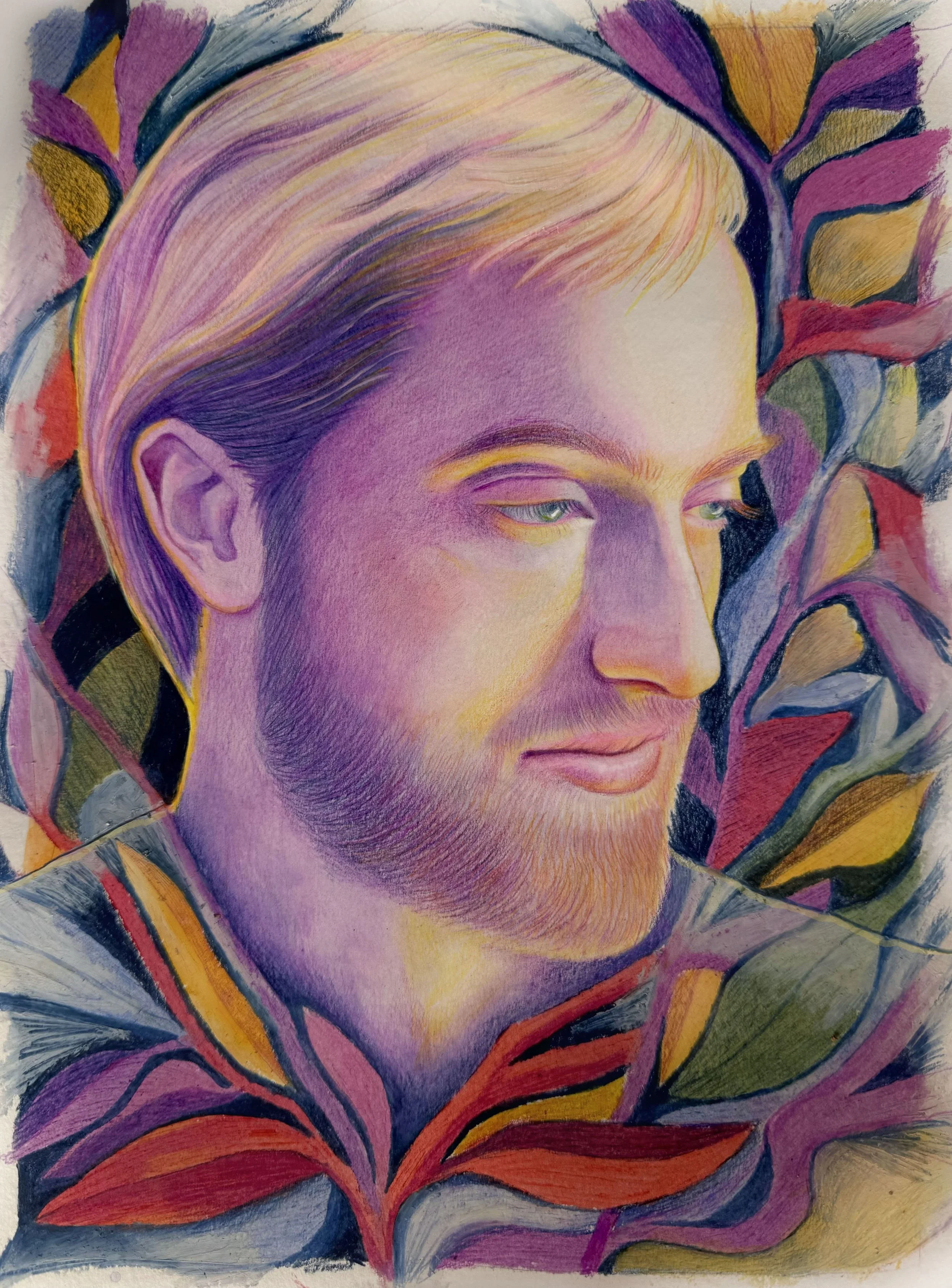 A colorful, artistic portrait of a man with light hair and a beard, surrounded by vibrant leaves and abstract background elements.
