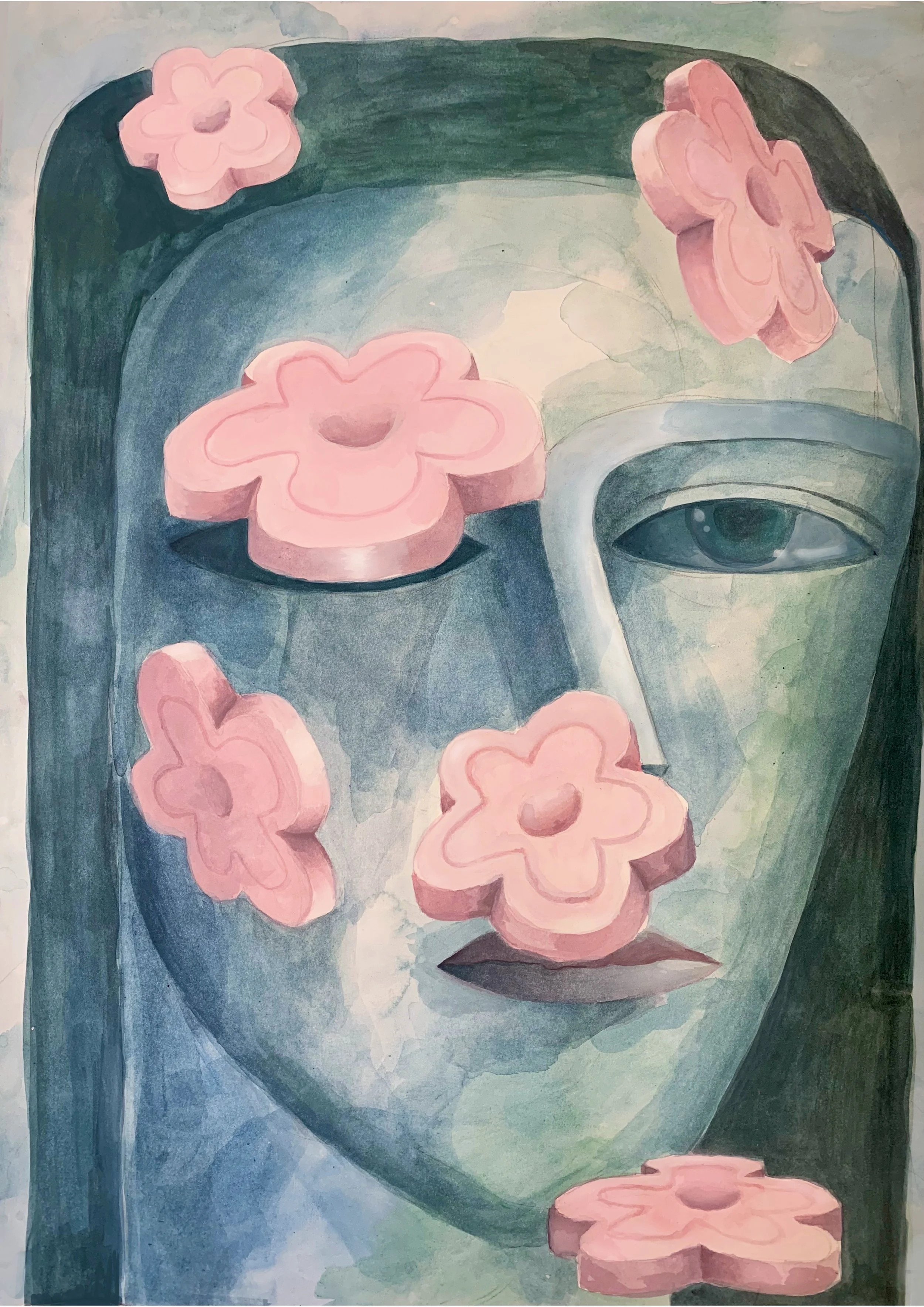 A surreal painting of a woman's face with green and blue tones, with pink flower-shaped objects covering her eyes and floating around her face.