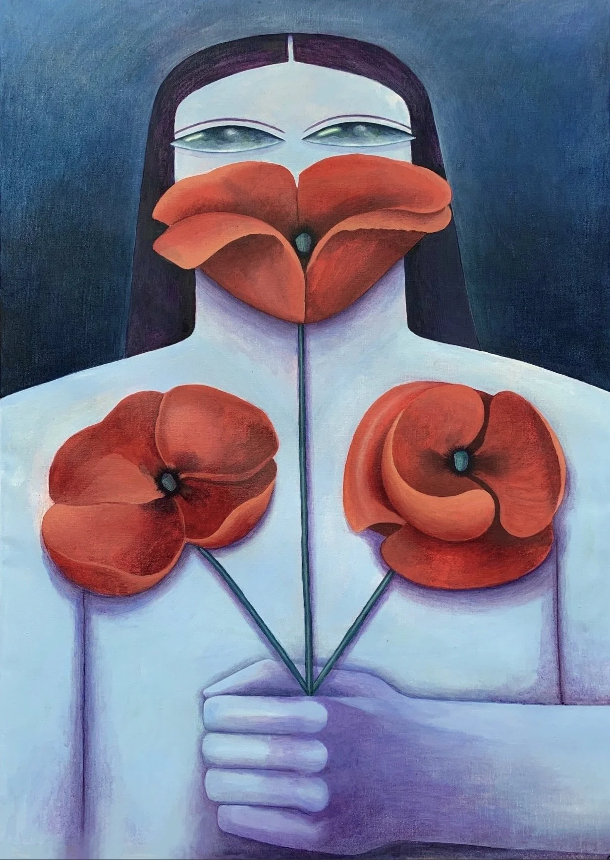 A surreal painting of a woman with long dark hair and pale skin holding three red-orange flowers resembling lips and petals, with an abstract background.