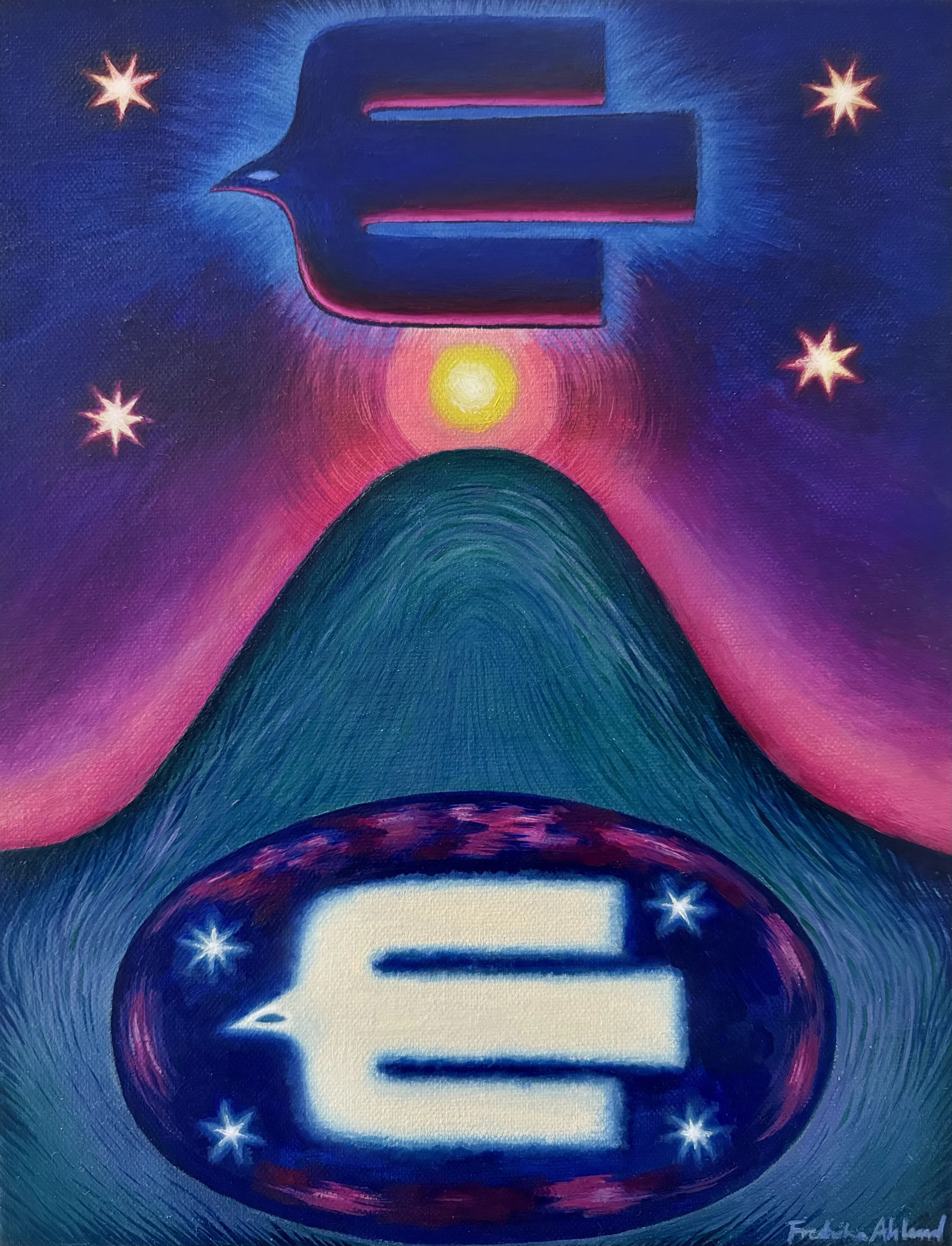 Abstract digital art featuring the Facebook, Instagram, and Twitter logos, a bird, a sun, and stars with a colorful, cosmic background.