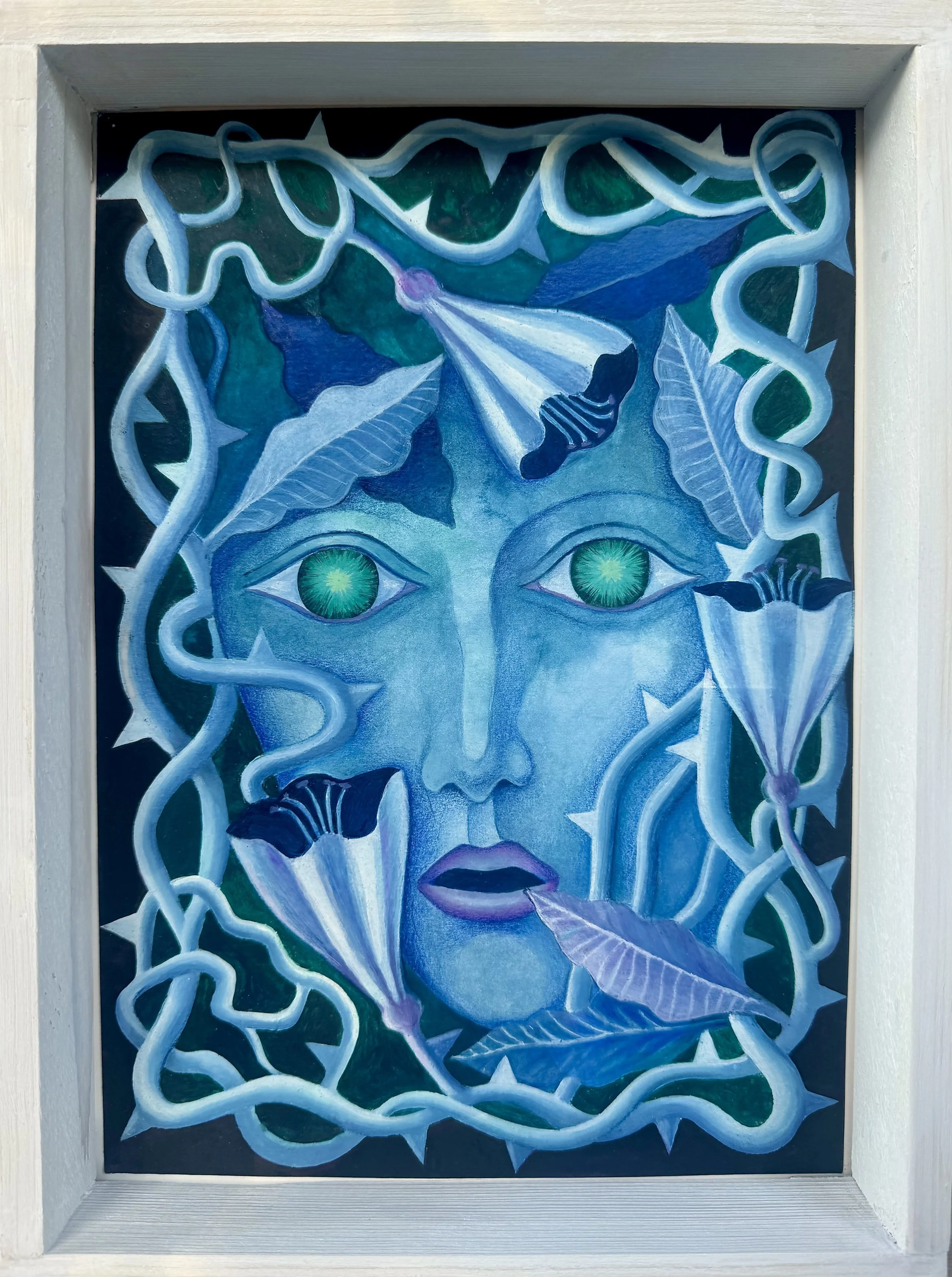 A surreal painting of a woman's face with vibrant green eyes, surrounded by swirling vines and flowers in shades of blue and purple.