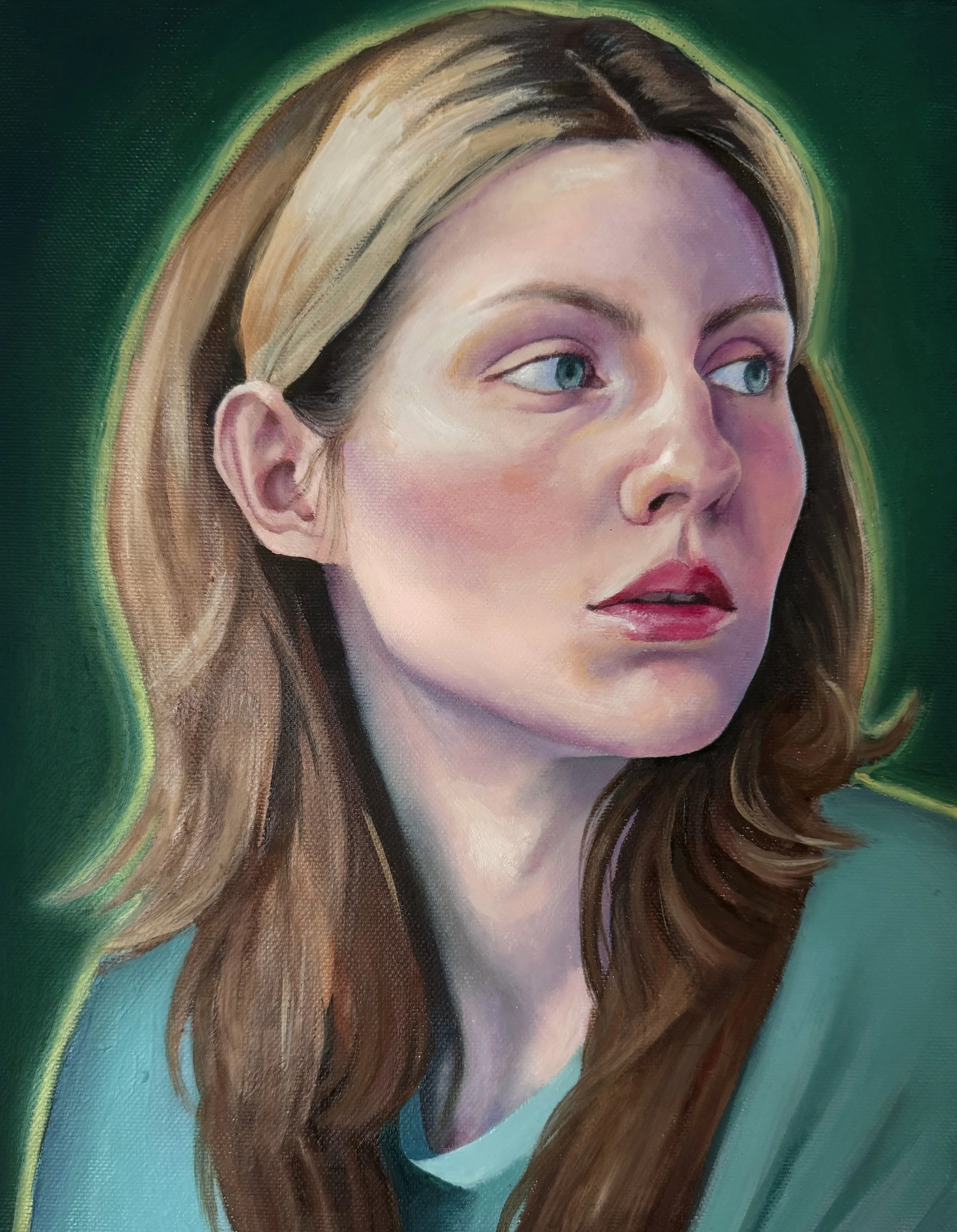 A detailed portrait of a young woman with long, wavy brown hair, light skin, and blue eyes gazing into the distance, with a green background.