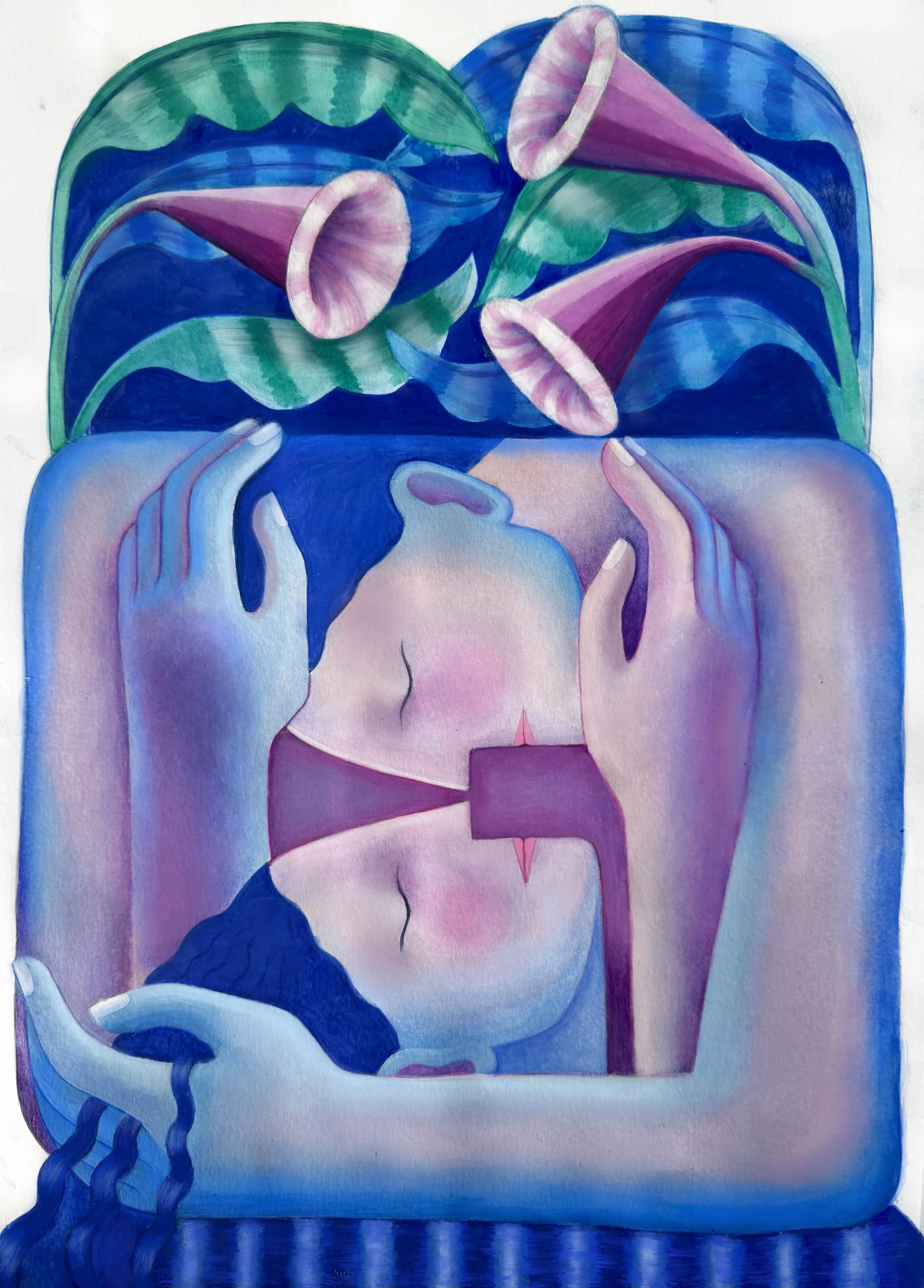 A surrealist painting of a person with closed eyes, held by two hands. Above the person, there are two pink and purple calla lilies and various green and blue leaves.