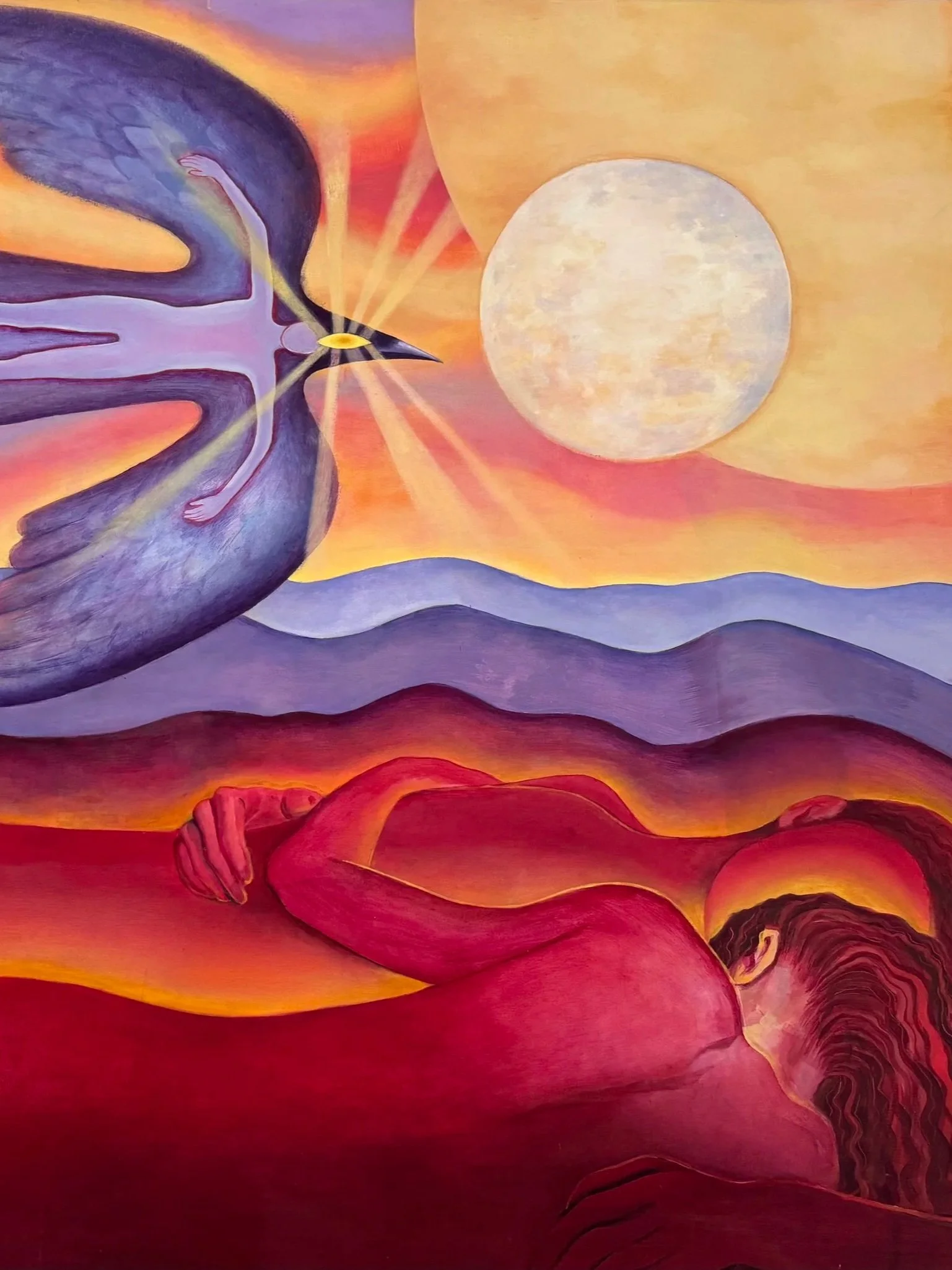 A colorful abstract painting depicting a purple bird flying in front of a large full moon, with rolling hills in shades of purple, red, and orange, and a reclining nude woman with long hair, all set against a vibrant sunset sky.