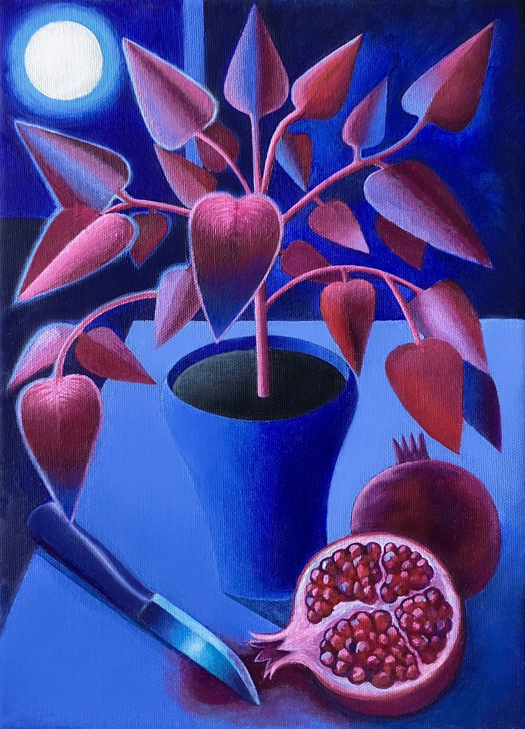 A painting of a pomegranate plant with pink leaves in a black pot, illuminated by moonlight. A pomegranate is cut open showing its red seeds, and a knife is resting on the table.