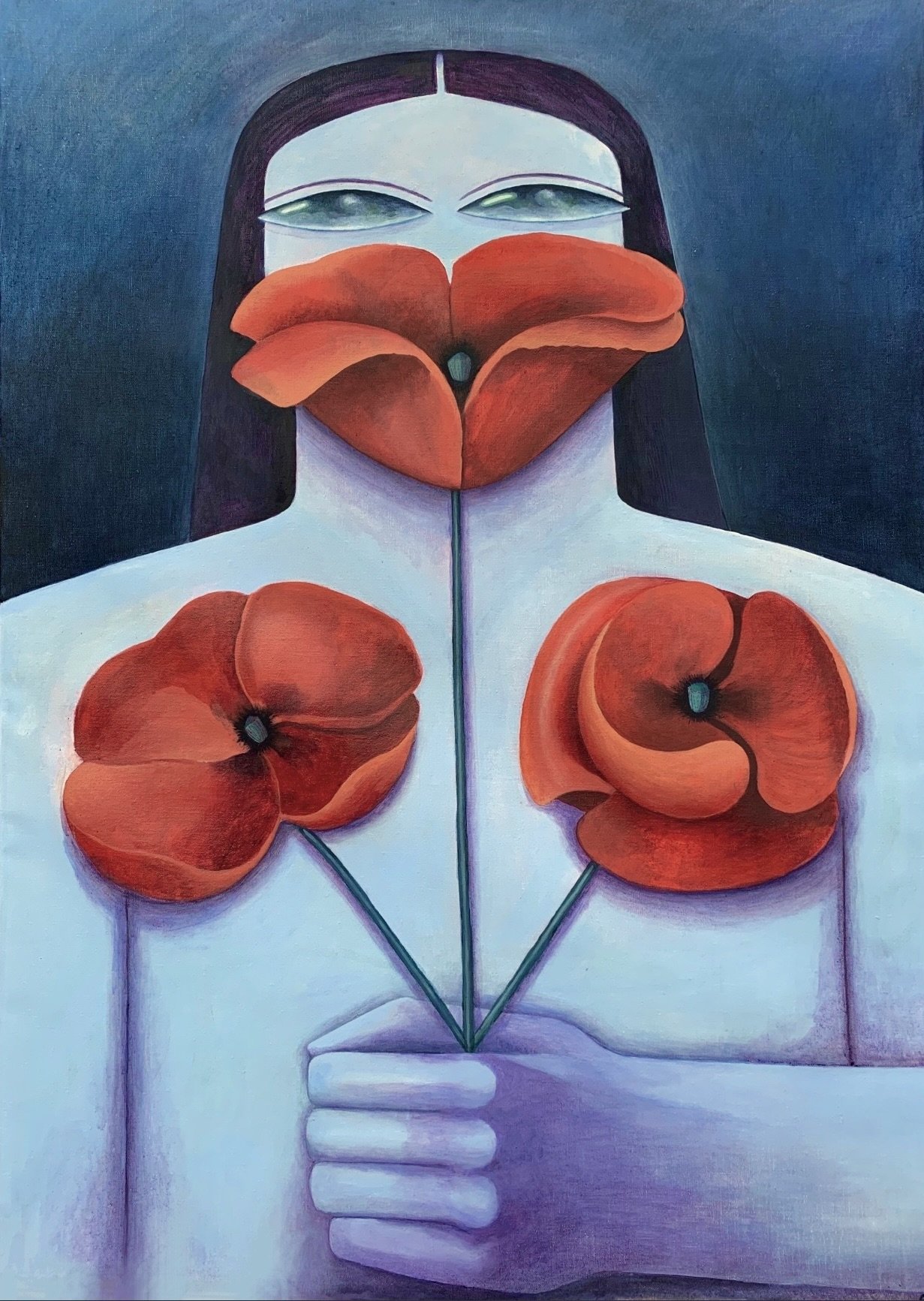 A surreal painting of a woman with blue skin, long dark hair, and closed eyes, holding three red-orange flowers with overlapping petals in front of her chest.