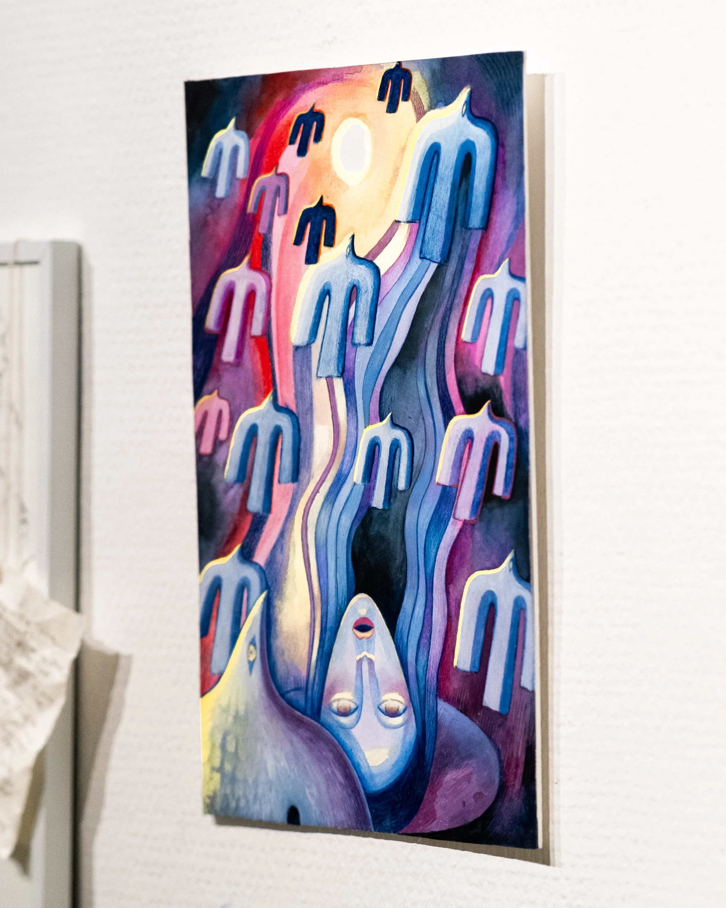 Colorful abstract painting of upside-down woman with long flowing hair surrounded by multiple hanging t-shirts in various shades of blue, purple, and red.