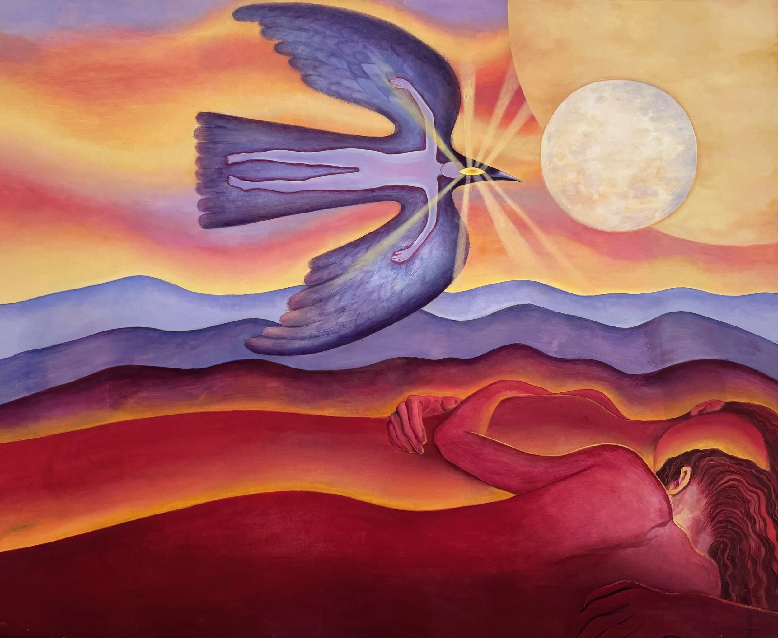 A colorful painting depicts a woman lying on the ground with her arm over her eyes, a large bird flying in the sky, a full moon, and mountain ranges in the background, with a sunset sky.