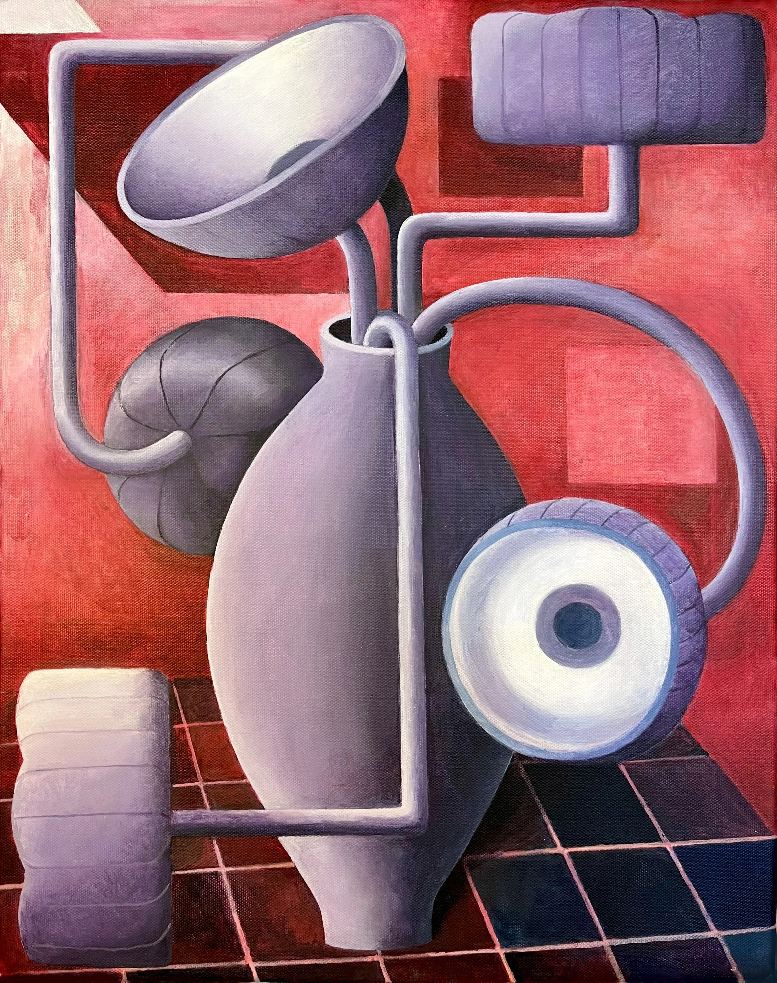 A surrealist still life painting featuring a purple jug with various abstract objects including a large bowl, a spherical object, a rectangular block, and an oval shape, with a red background and a checkered floor.