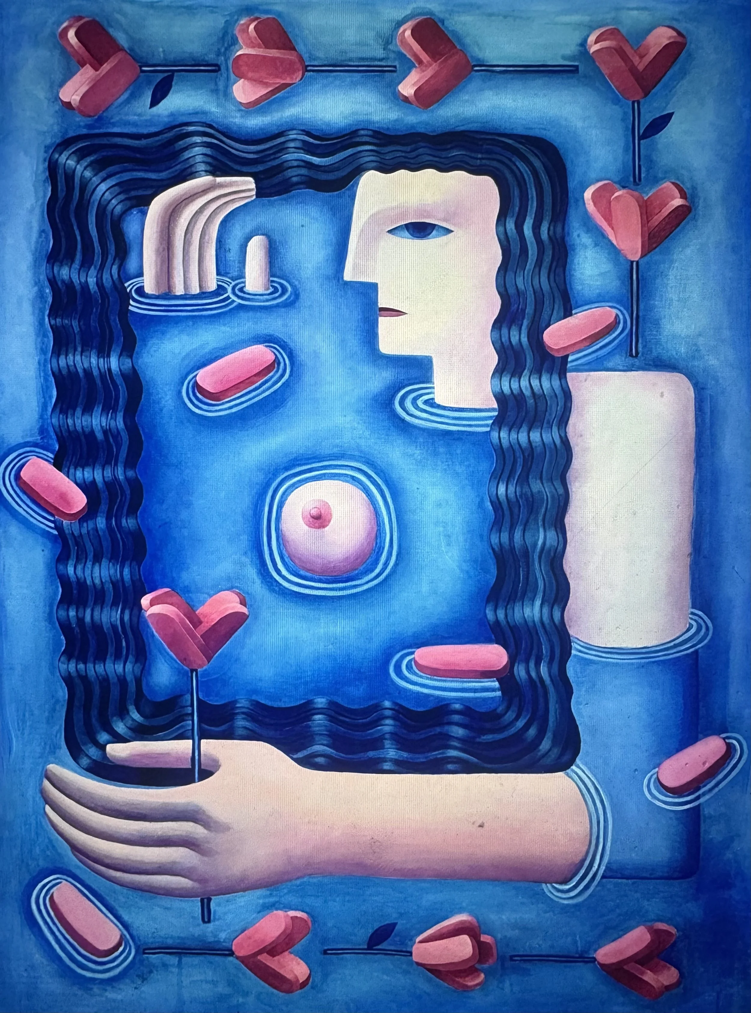 A surreal painting features a woman with dark, wavy hair, looking to the side with one eye visible. She holds a stem with a pink heart-shaped flower, and the background is predominantly blue. Surrounding her are pink pills, some floating in the air, with ripples in water around them. The image has a dreamlike, abstract quality.