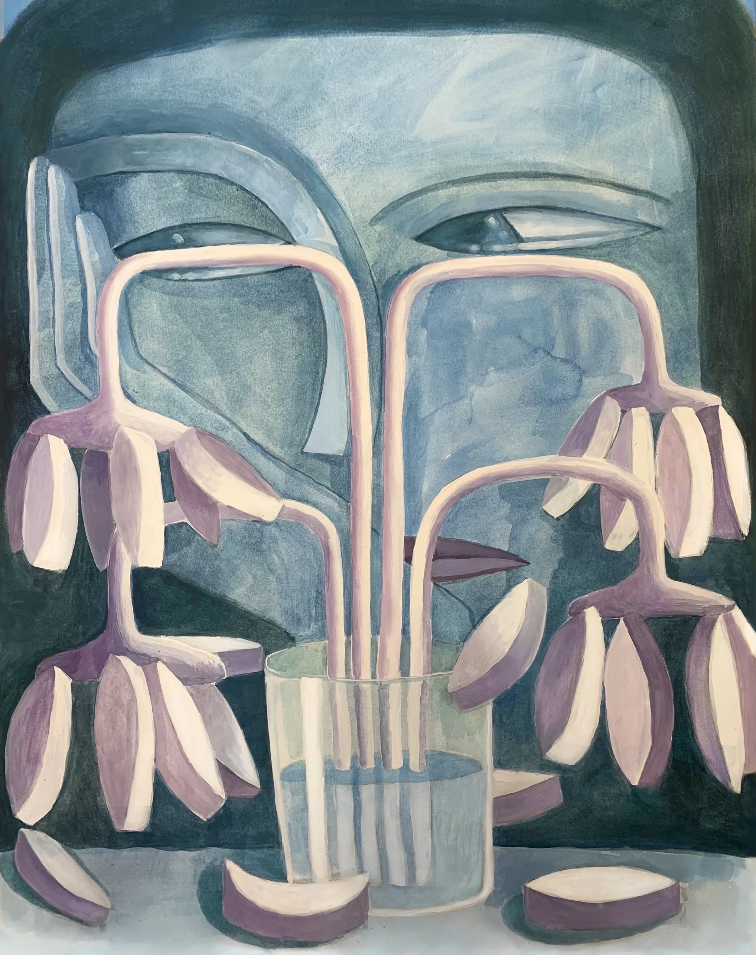 Abstract painting of fuchsia and white flowers in a glass vase, with a large face in the background, alternating shade of blue and green.
