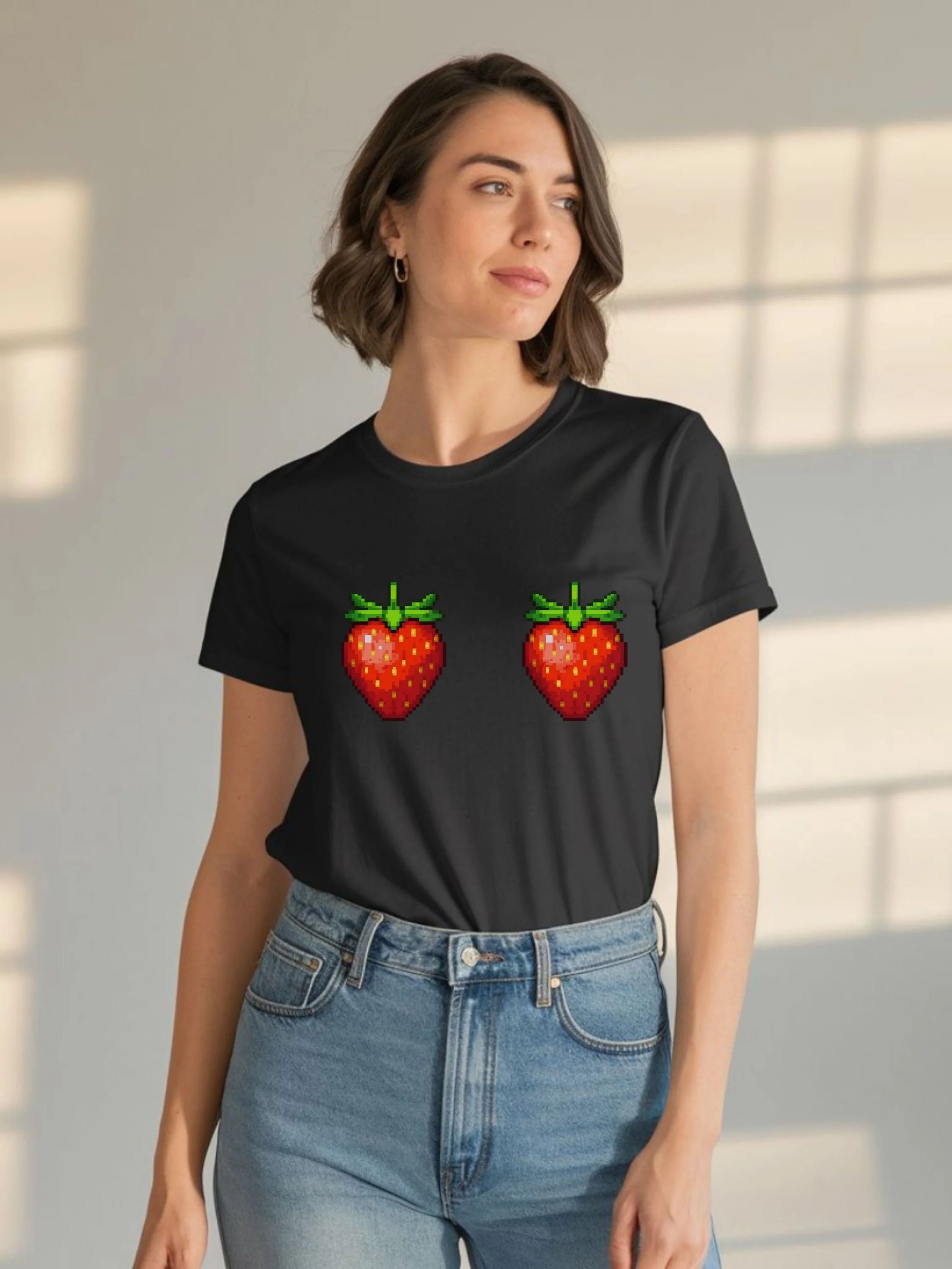 Berry Cute – Pixel Strawberry Pair Tee
