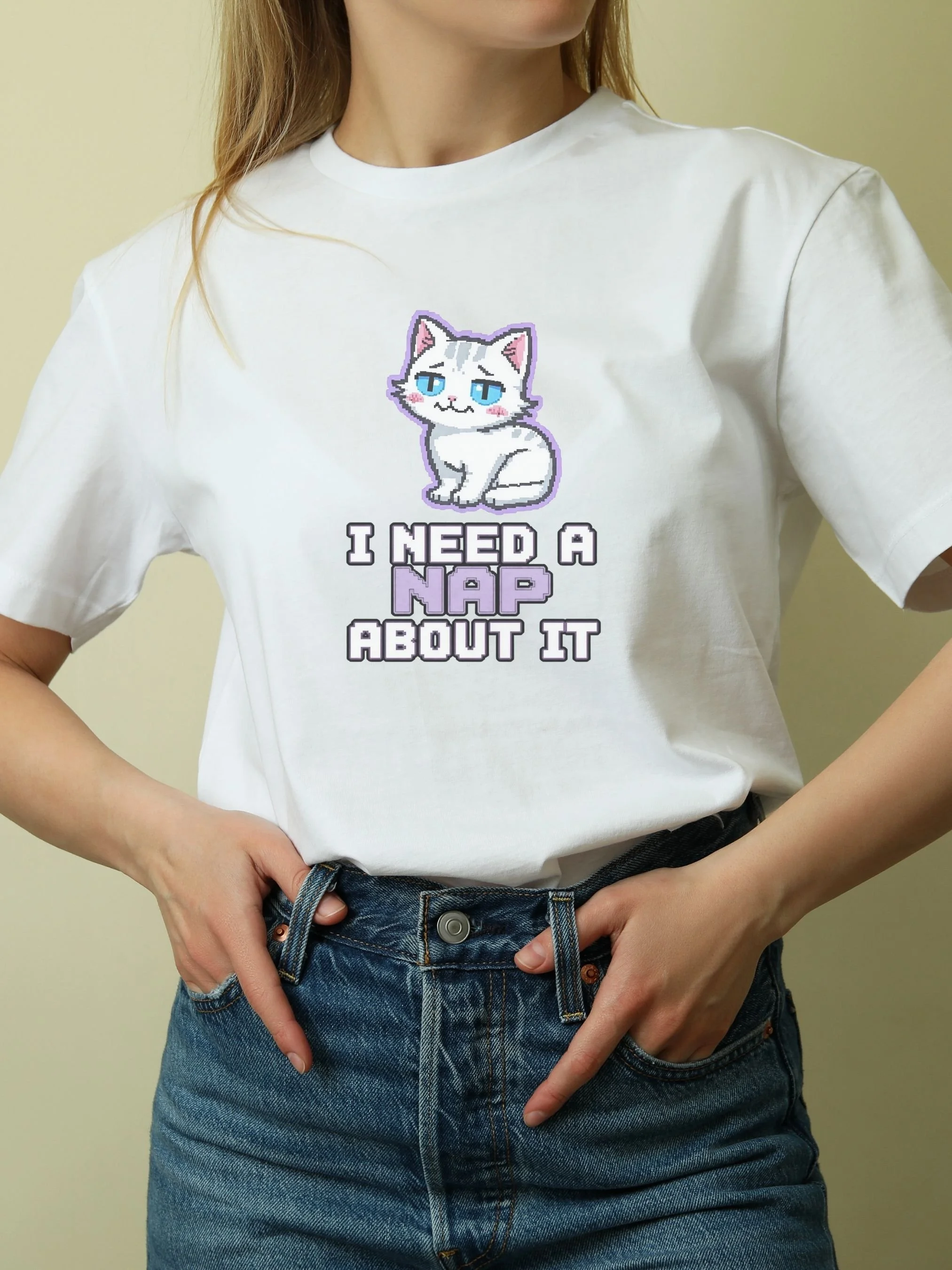 Pixel White Cat “I Need a Nap About It” T-Shirt