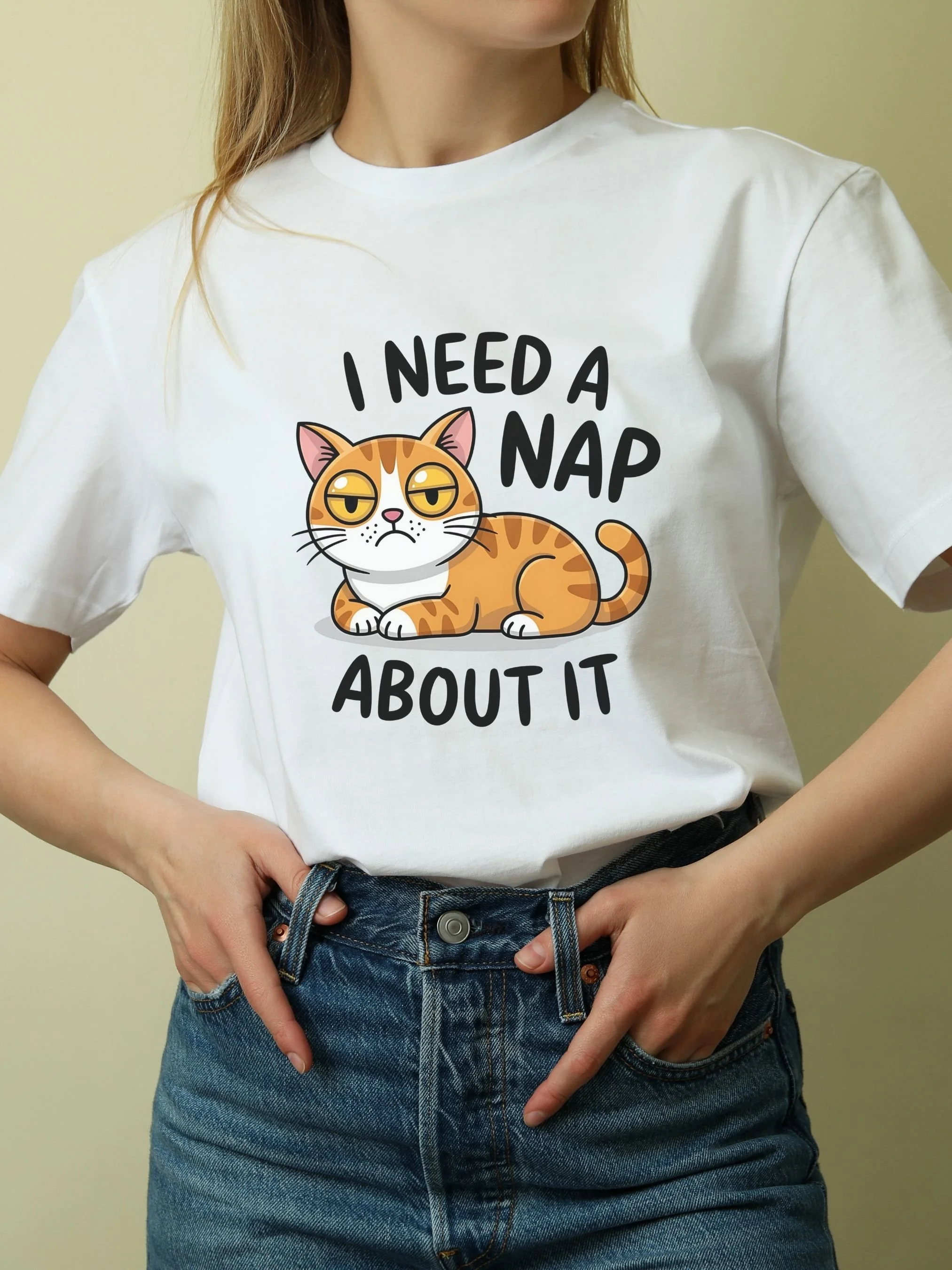 I Need a Nap About It – White & Orange Cat Graphic T-Shirt