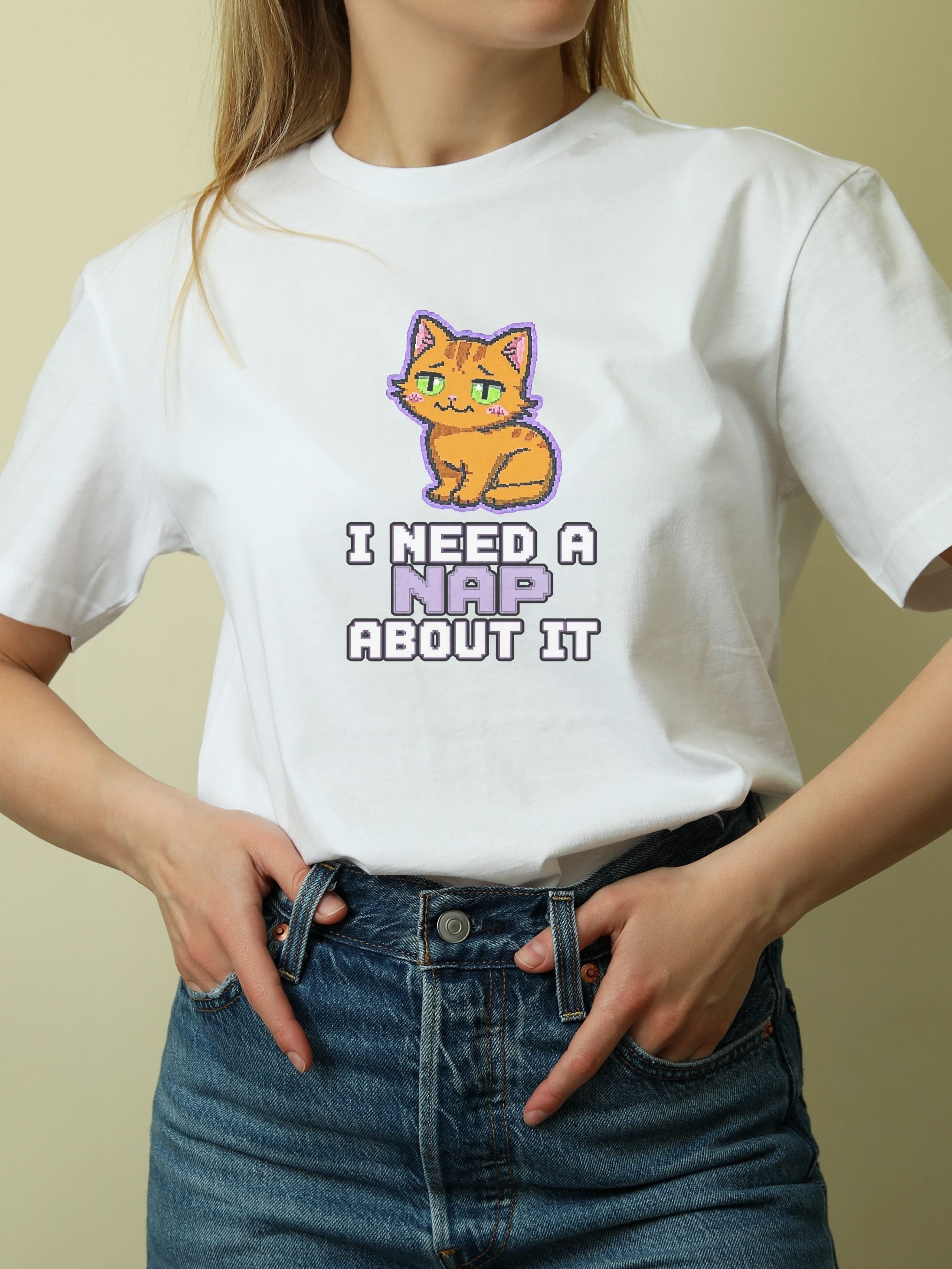Pixel Orange Cat “I Need a Nap About It” T-Shirt