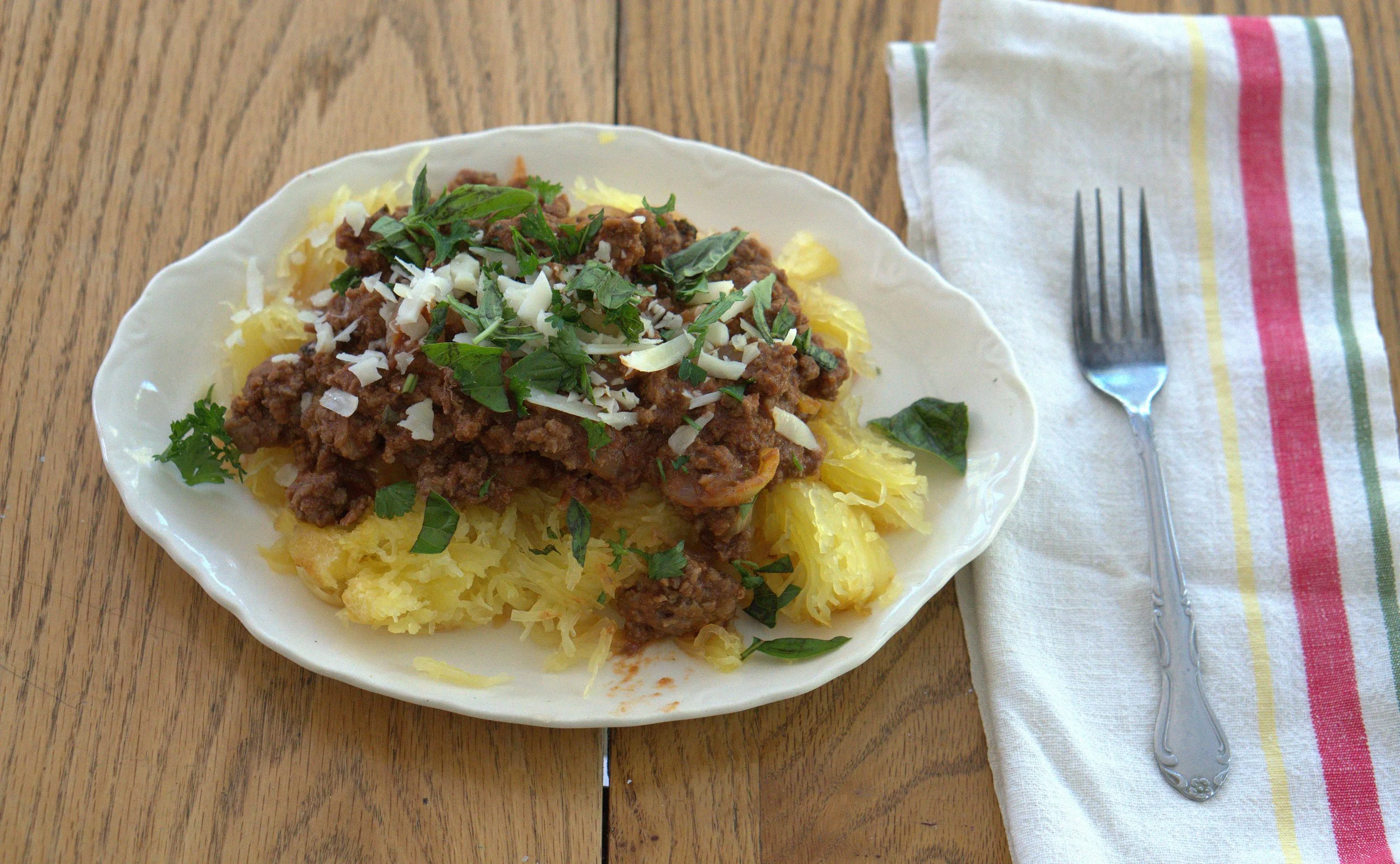 Spaghetti Squash with grass-fed beef and garlic tomato sauce