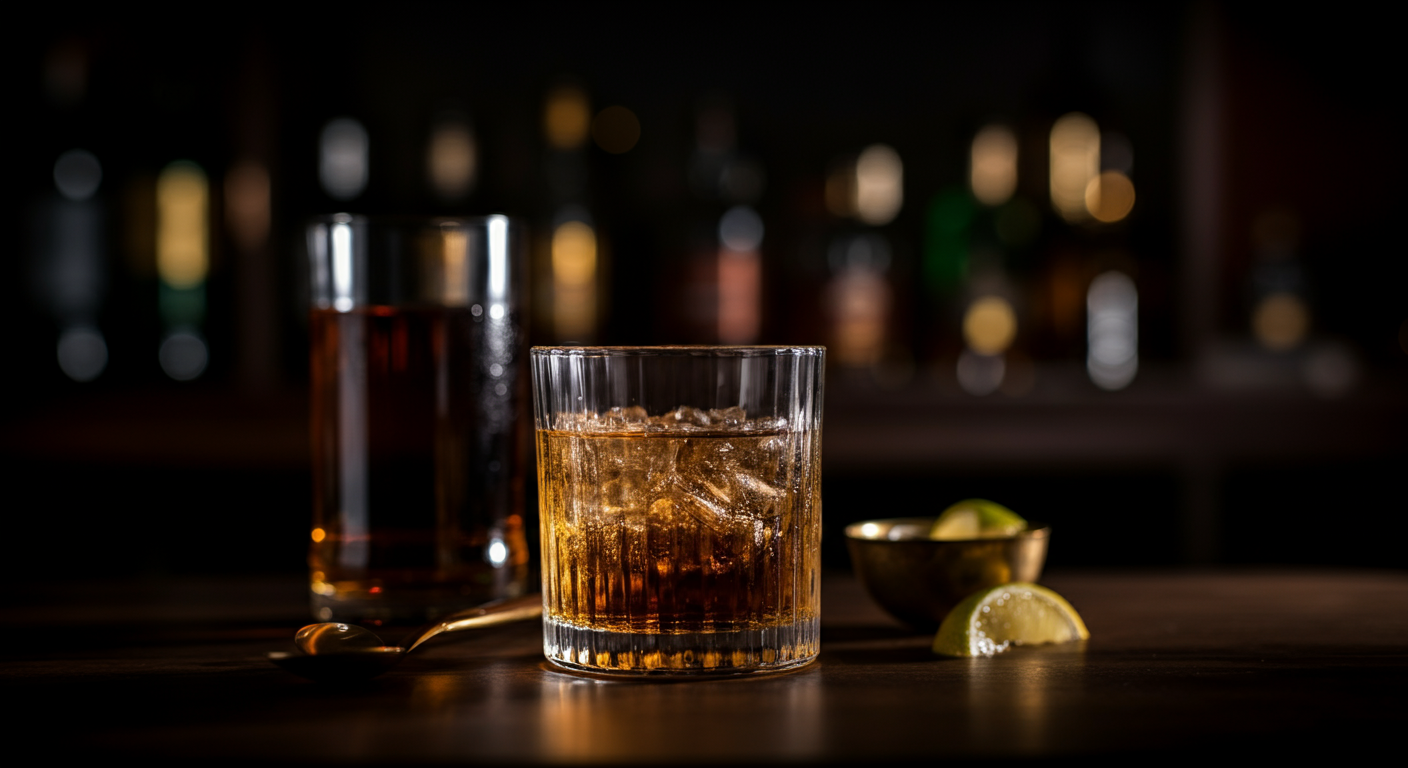 A glass of whiskey with ice, a glass of dark liquid, and lemon wedges on a wooden bar counter with blurred bottles in the background.