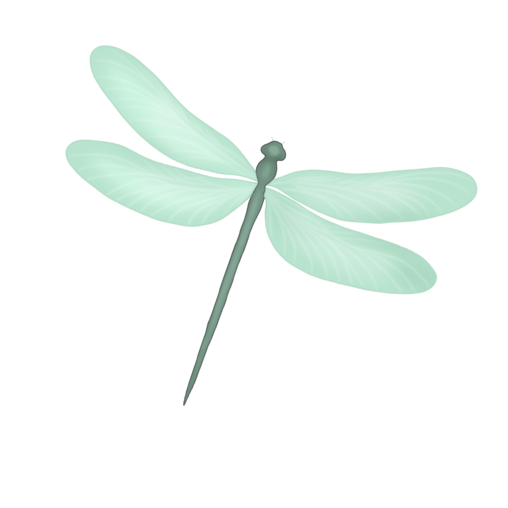 A digital illustration of a dragonfly with translucent green wings and a slender body.