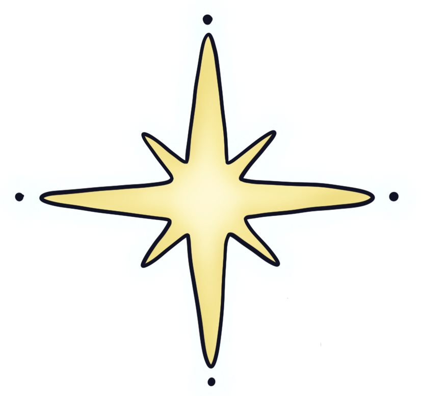 A yellow starfish with black outlines and four small black dots, one near each tip.