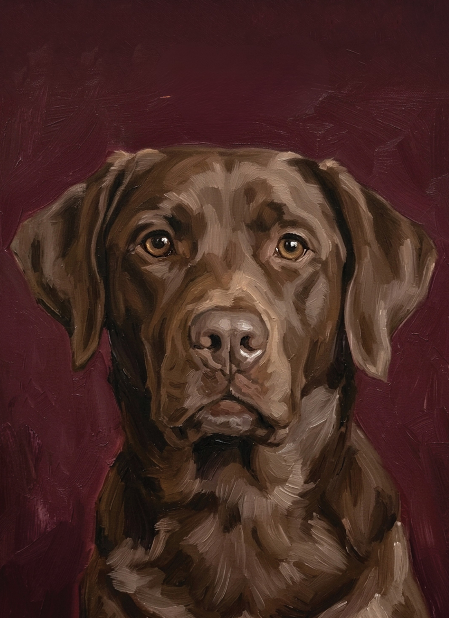 Painting of a brown dog with hazel eyes on a burgundy background.