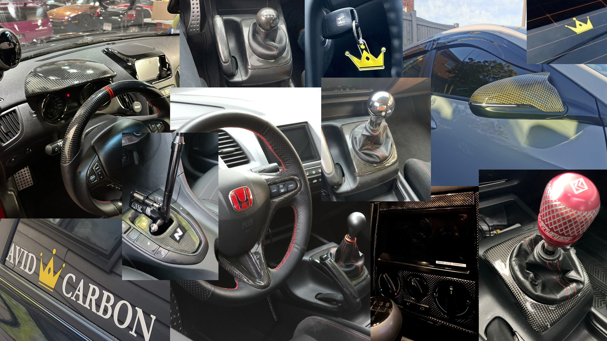 front page image containing photos of many different cars with products from Avid Carbon
