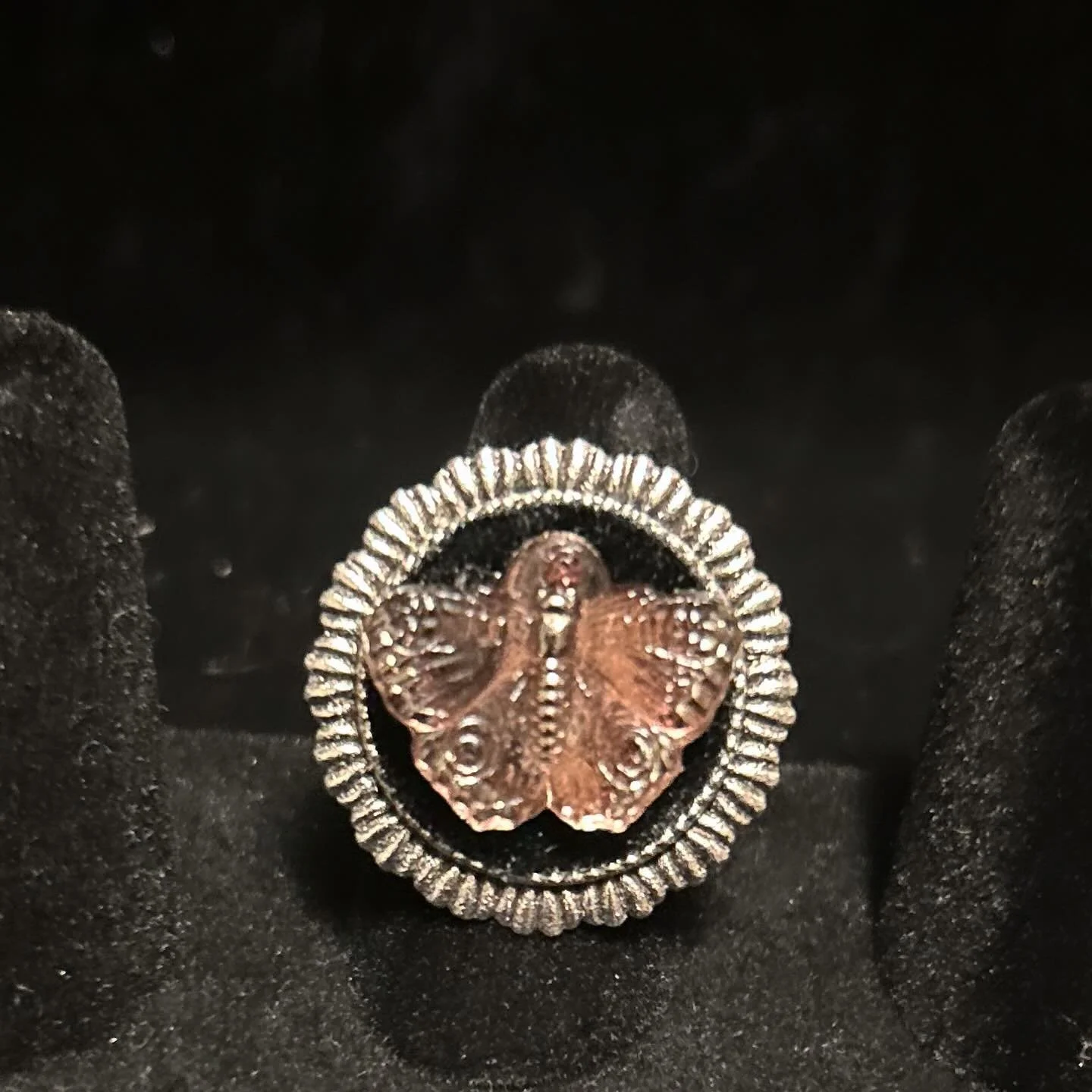 Lilac colored antique glass button ring with antique velvet on silver.