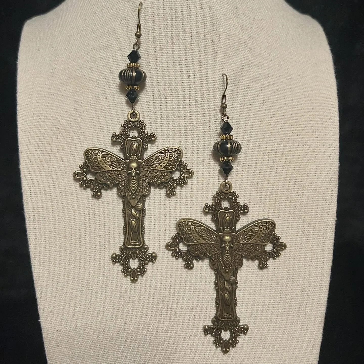 Brass crosses with Deaths Head Moths and upcycled black and gold beads.