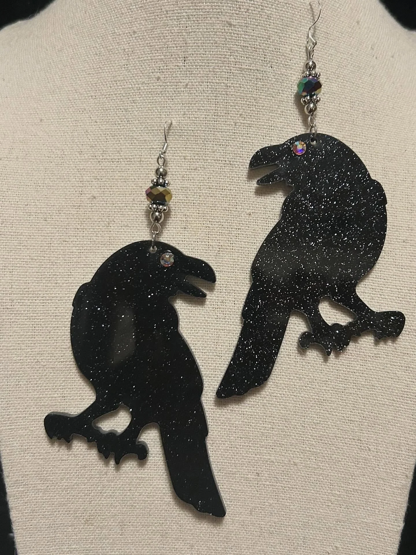 I love ravens! They are so cool! These sparkly ravens are accompanied but iridescent rhinestones and upcycled beads.