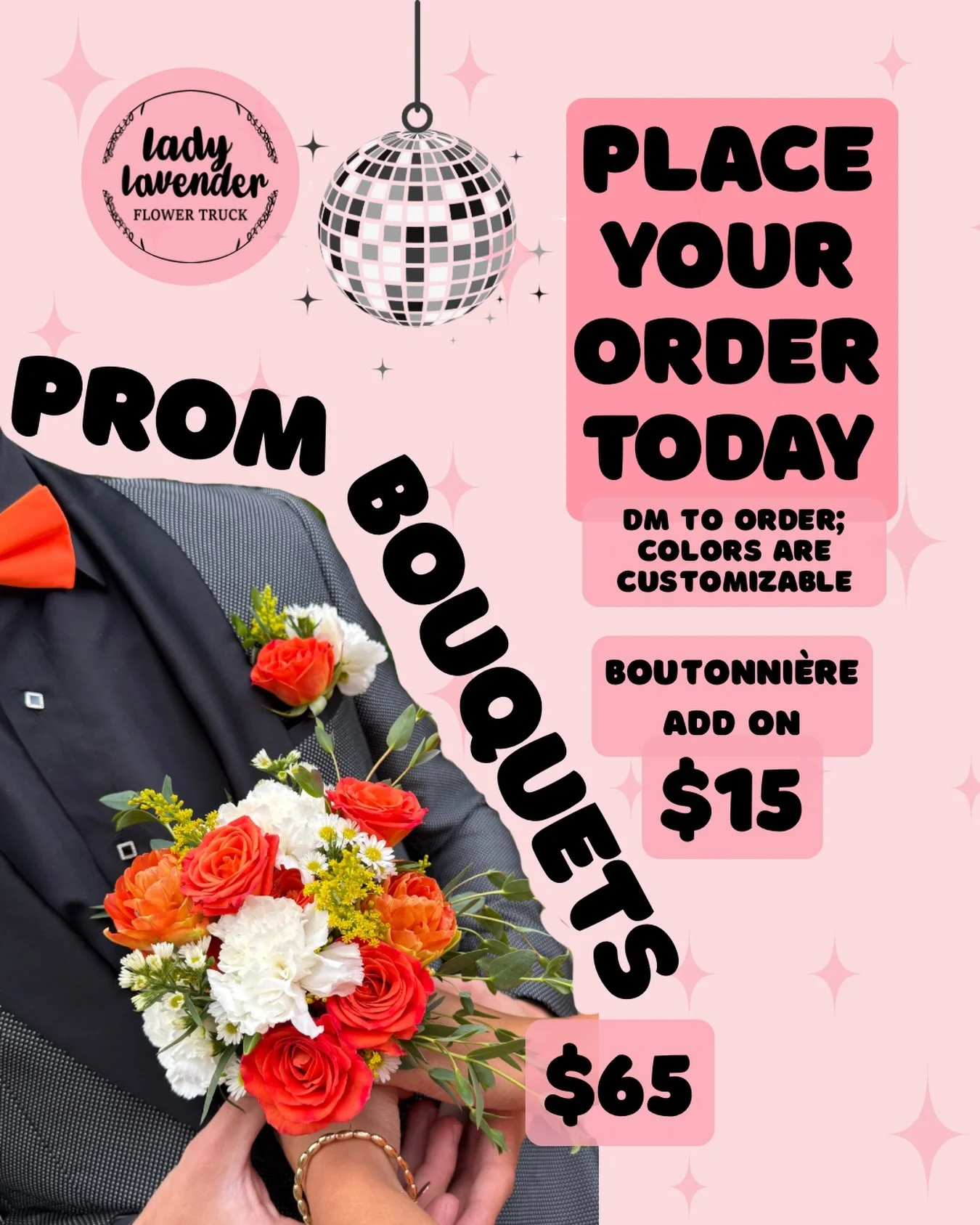 Prom season is here and I&rsquo;m so excited to open up bouquet orders 💐✨

Each bouquet is custom designed to match your dress and your colors, with options starting at $65. Boutonni&egrave;res are available as an add-on for $15.

Send me a DM to or