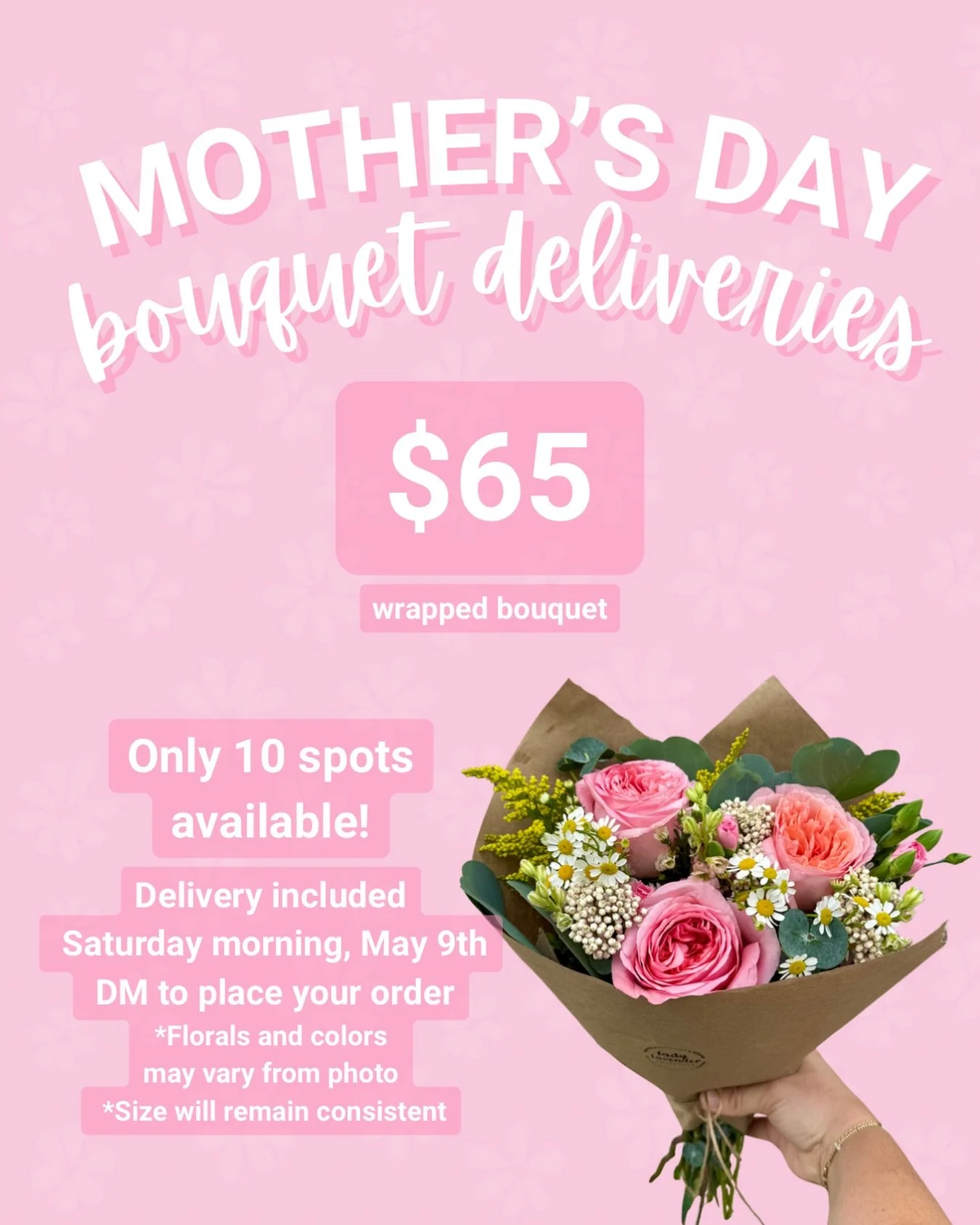 Skip the last-minute scramble&mdash;Mother&rsquo;s Day flowers, handled 💐
We&rsquo;re delivering wrapped bouquets next Saturday (the day before Mother&rsquo;s Day).
Have them sent directly to your mom or delivered to you for Sunday gifting.
$65, del