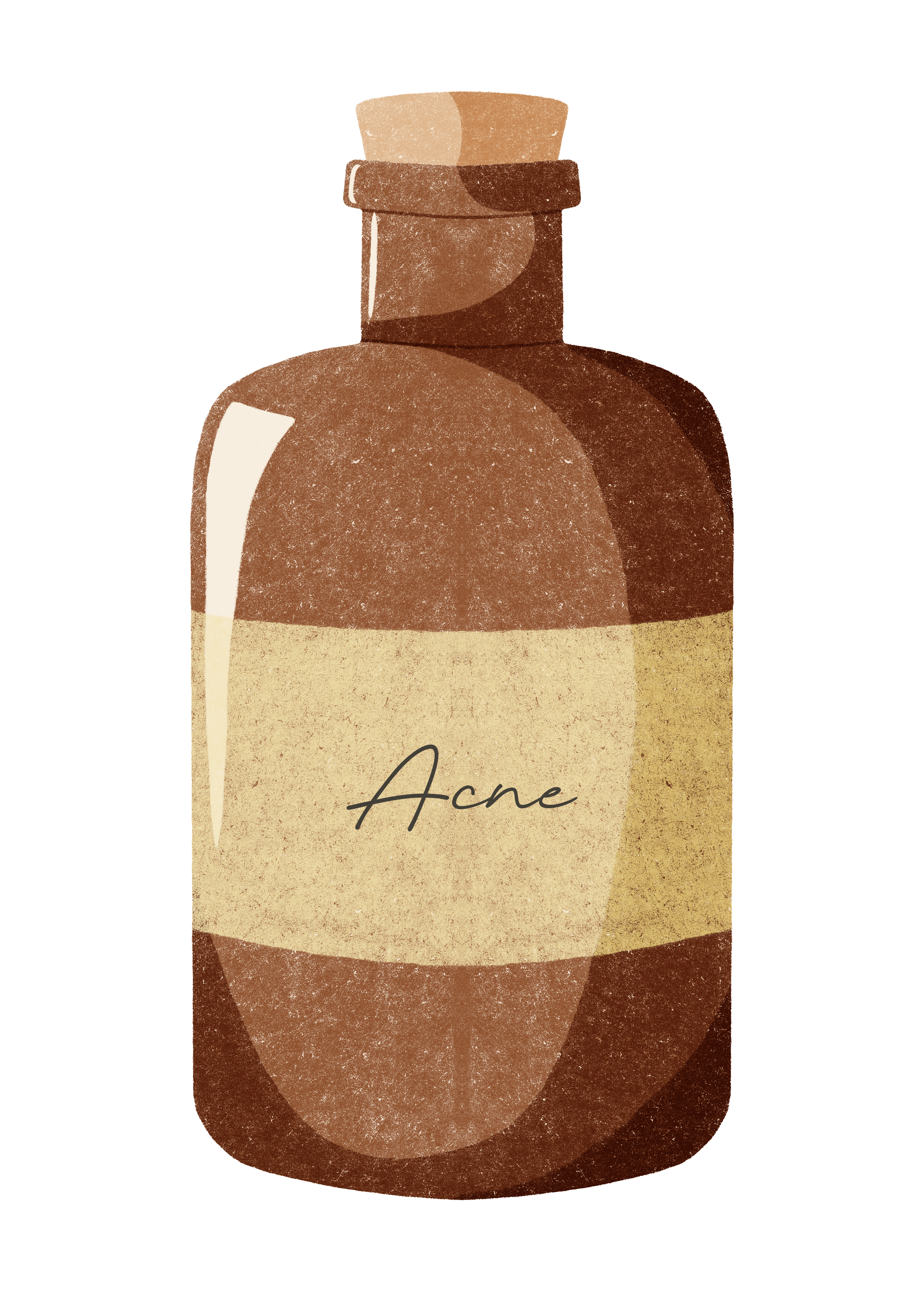 Illustration of a brown medicine bottle with a label reading 'Acne'.