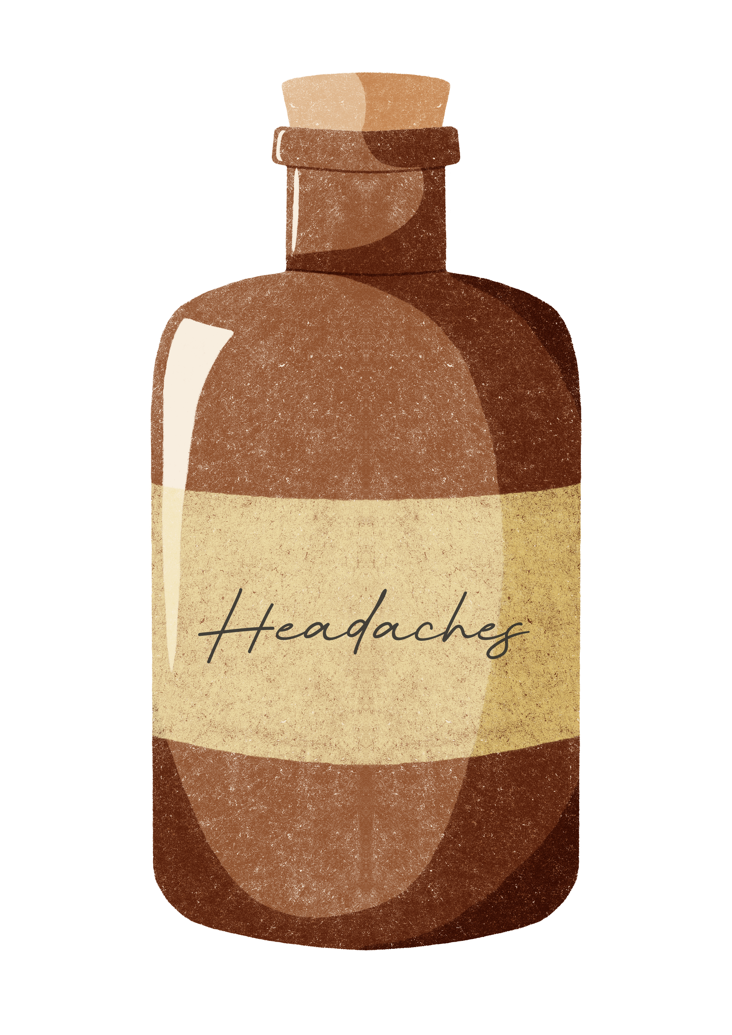 A digital illustration of a medicine bottle labeled 'Headaches' in cursive, with a textured brown and beige color scheme.