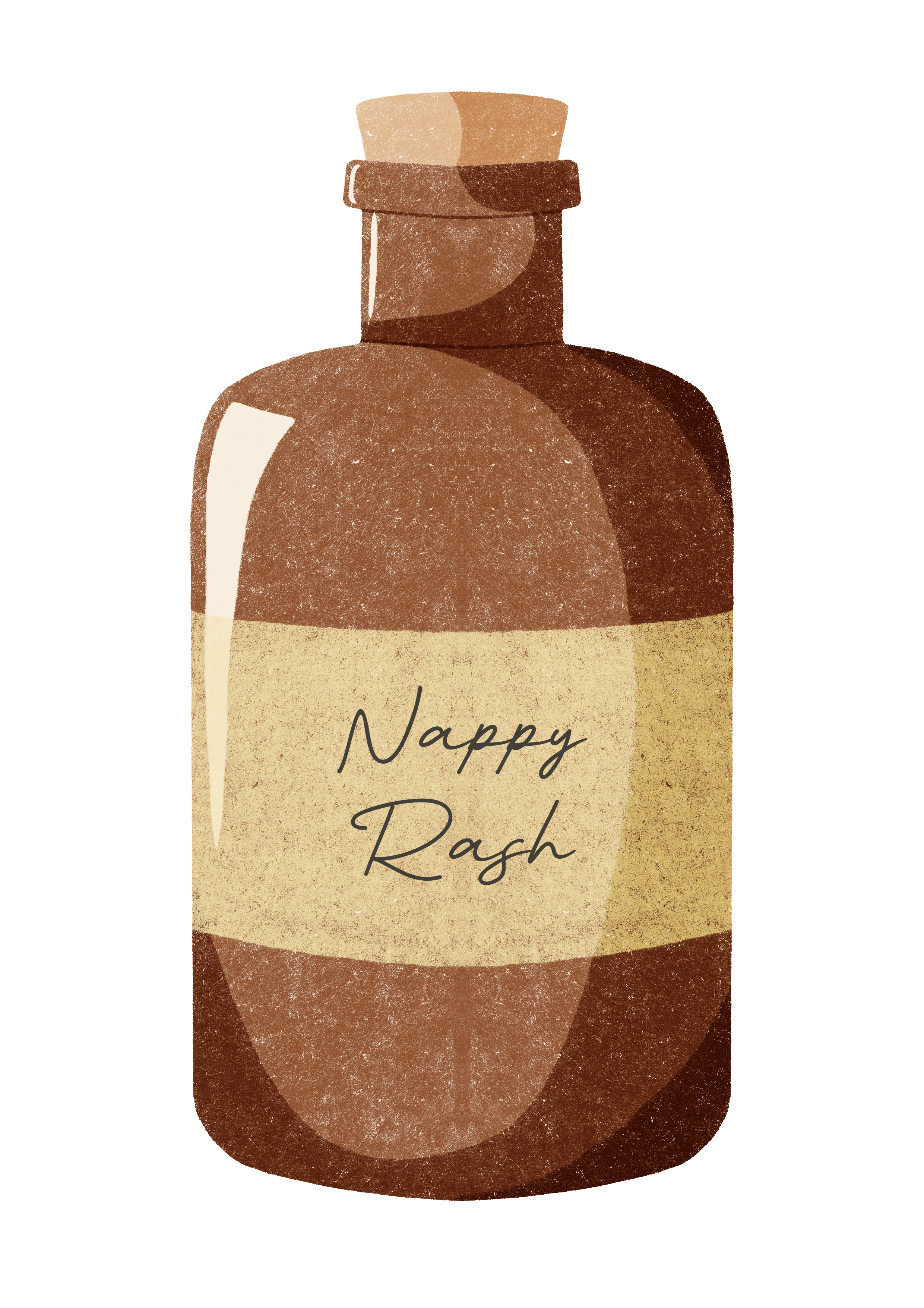 A digital illustration of a brown bottle with a label that reads 'Nappy Rasp' and a brown cap, set against a black background.