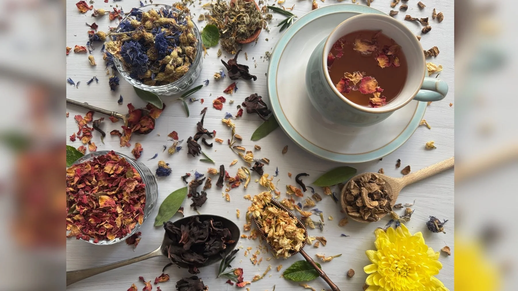 A cup of tea with rose petals on top, surrounded by dried flowers, leaves, and two bowls of loose herbal tea ingredients on a white surface.