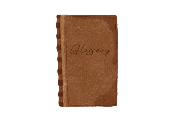 A brown hardcover book titled 'Glossary' in black cursive font on the cover.
