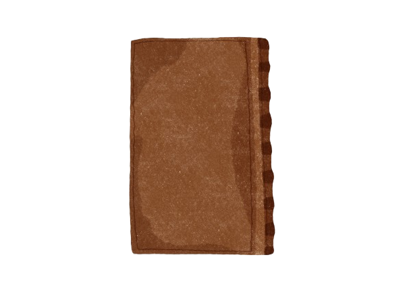 A closed brown spiral notebook with a textured cover and rounded edges.