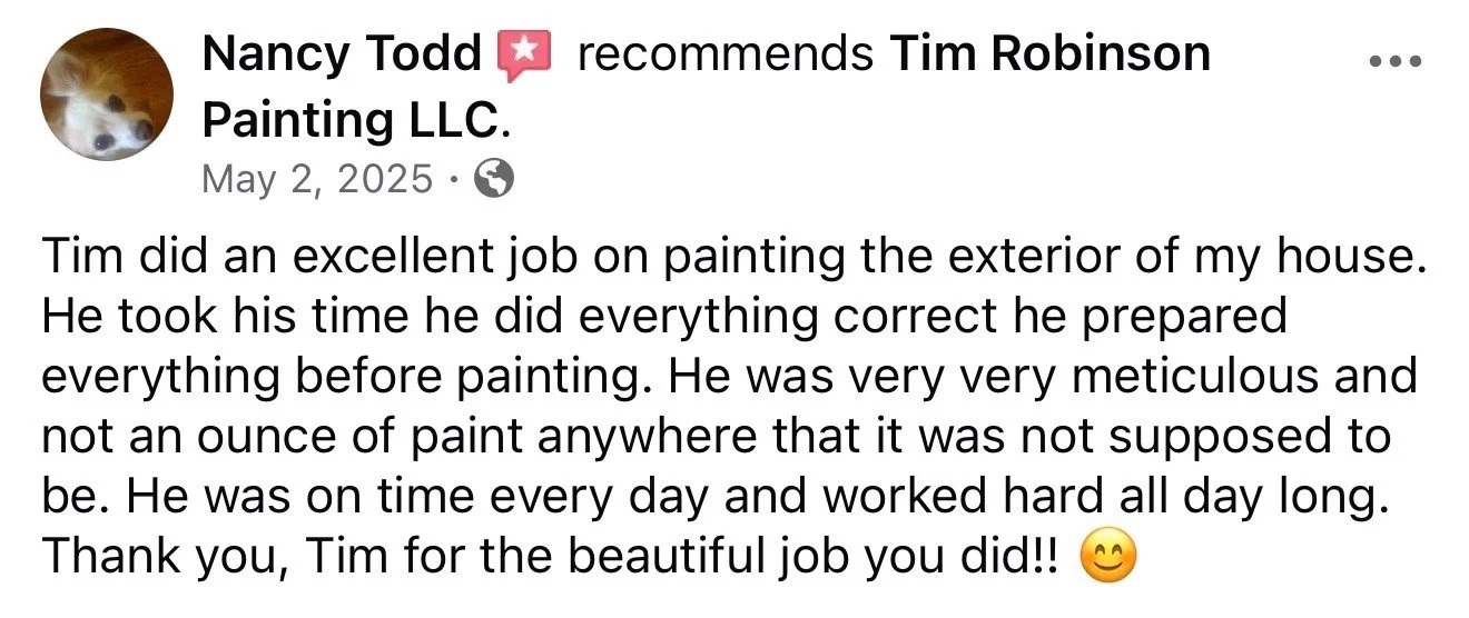 Social media post recommending Tim Robinson Painting LLC, praising their exterior house painting work.