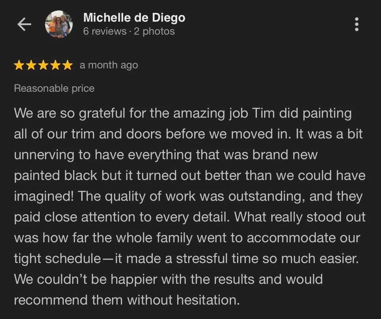 Screenshot of a Google reviews page with a 5-star review about a painting job, including the reviewer’s name, profile picture, and a detailed positive testimonial.
